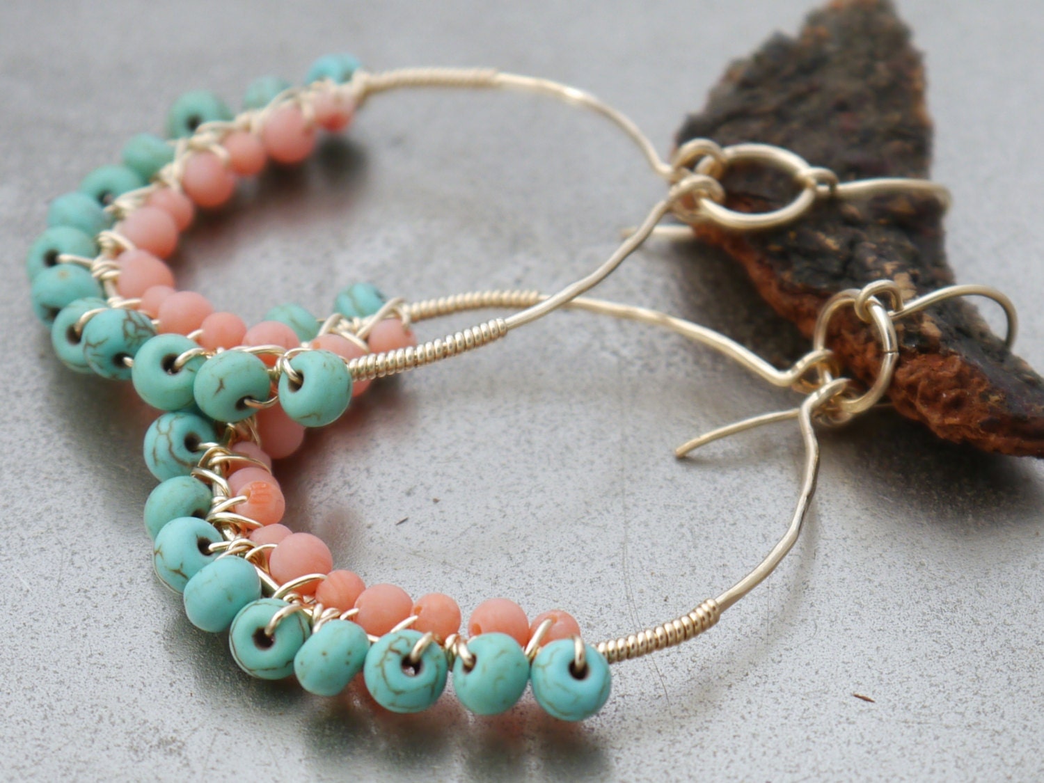 Pink Coral, Turquoise Magnesite Hoop Gemstone Earrings, 14K Gold Filled Boho Chic