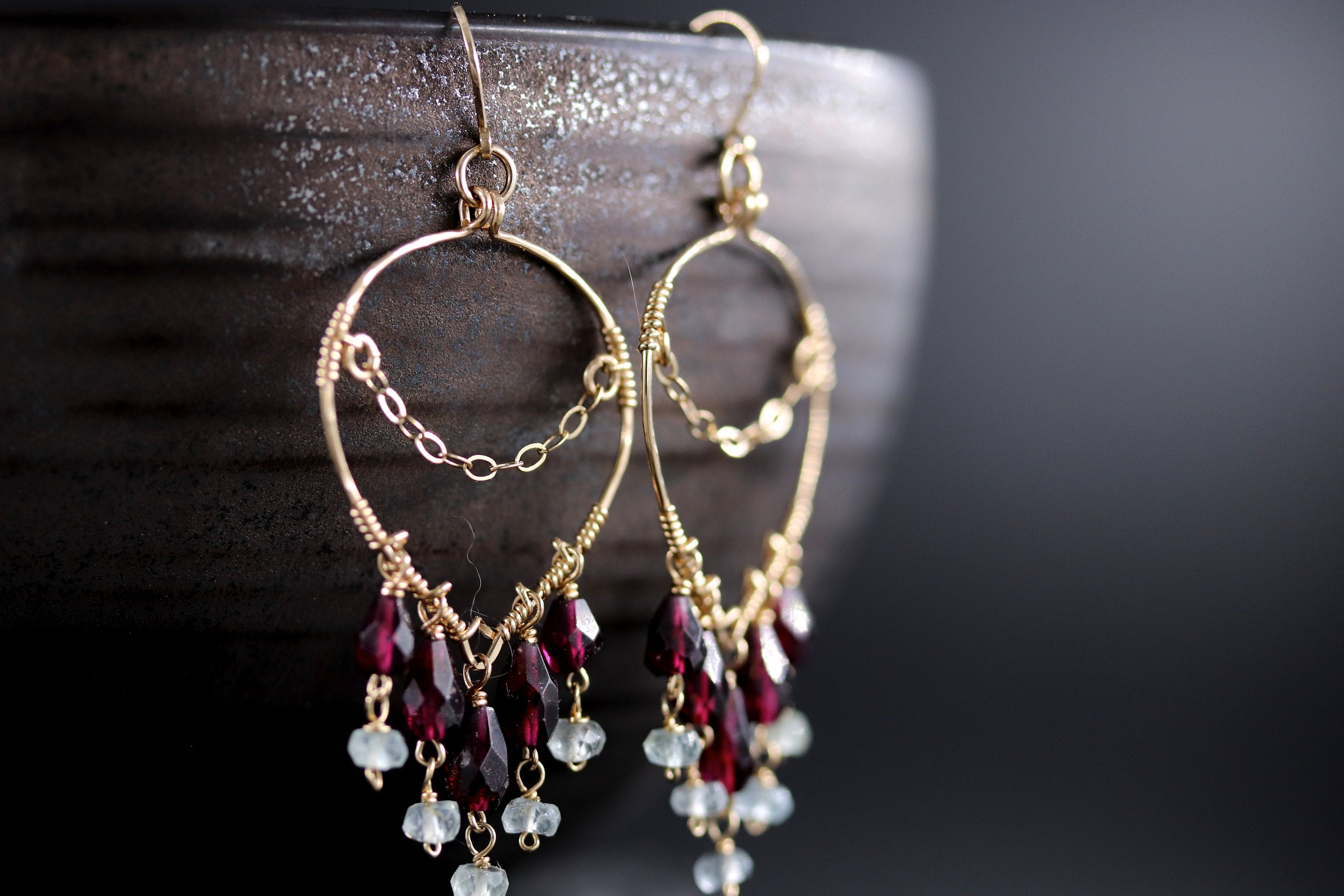 Garnet Aquamarine Fringe Earrings, 14K Gold Filled Long Dangle, Boho Statement