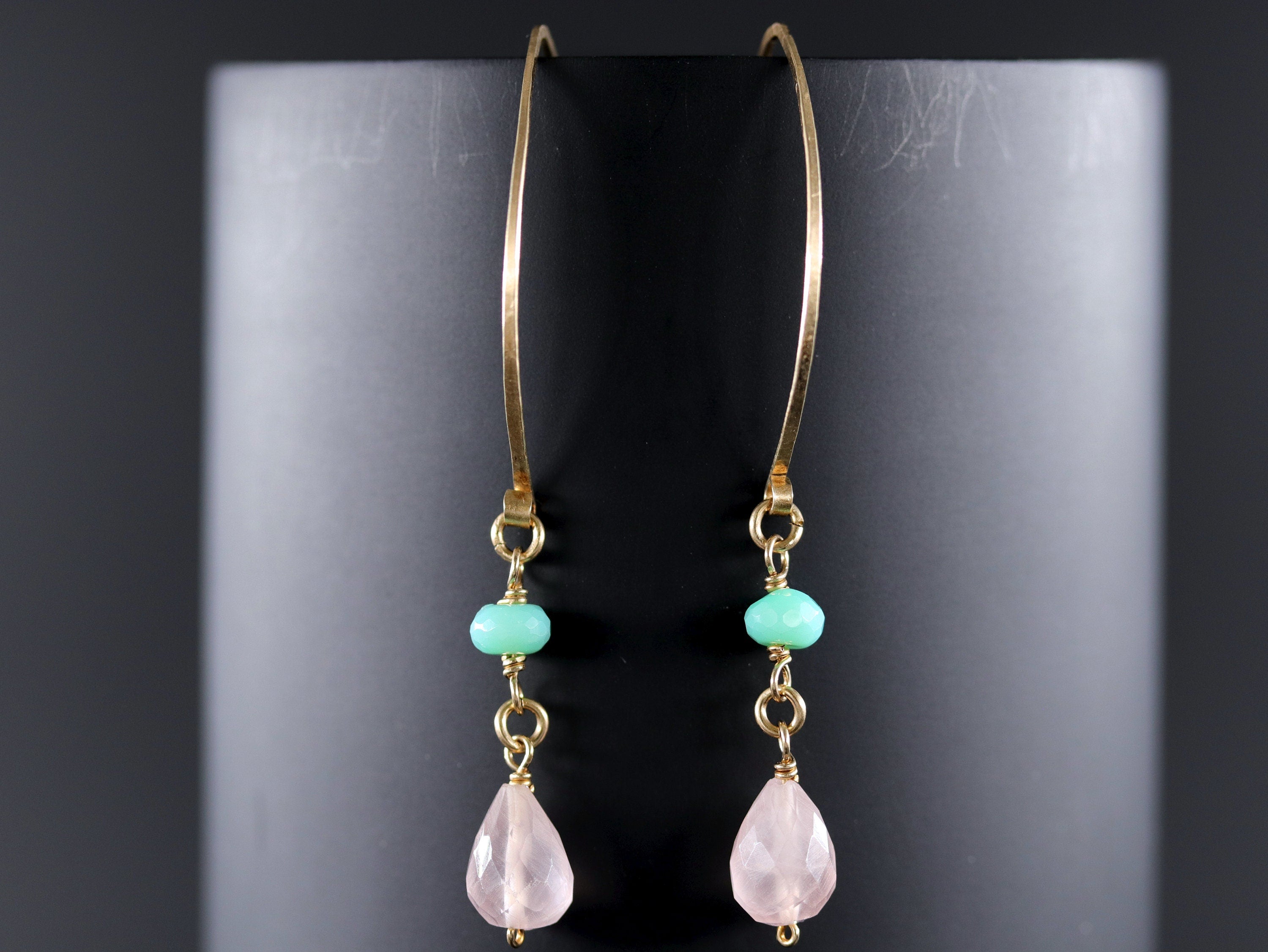 Rose Quartz Chrysoprase Hoop Gemstone Earrings, 14K Gold Filled Boho Wedding Jewelry