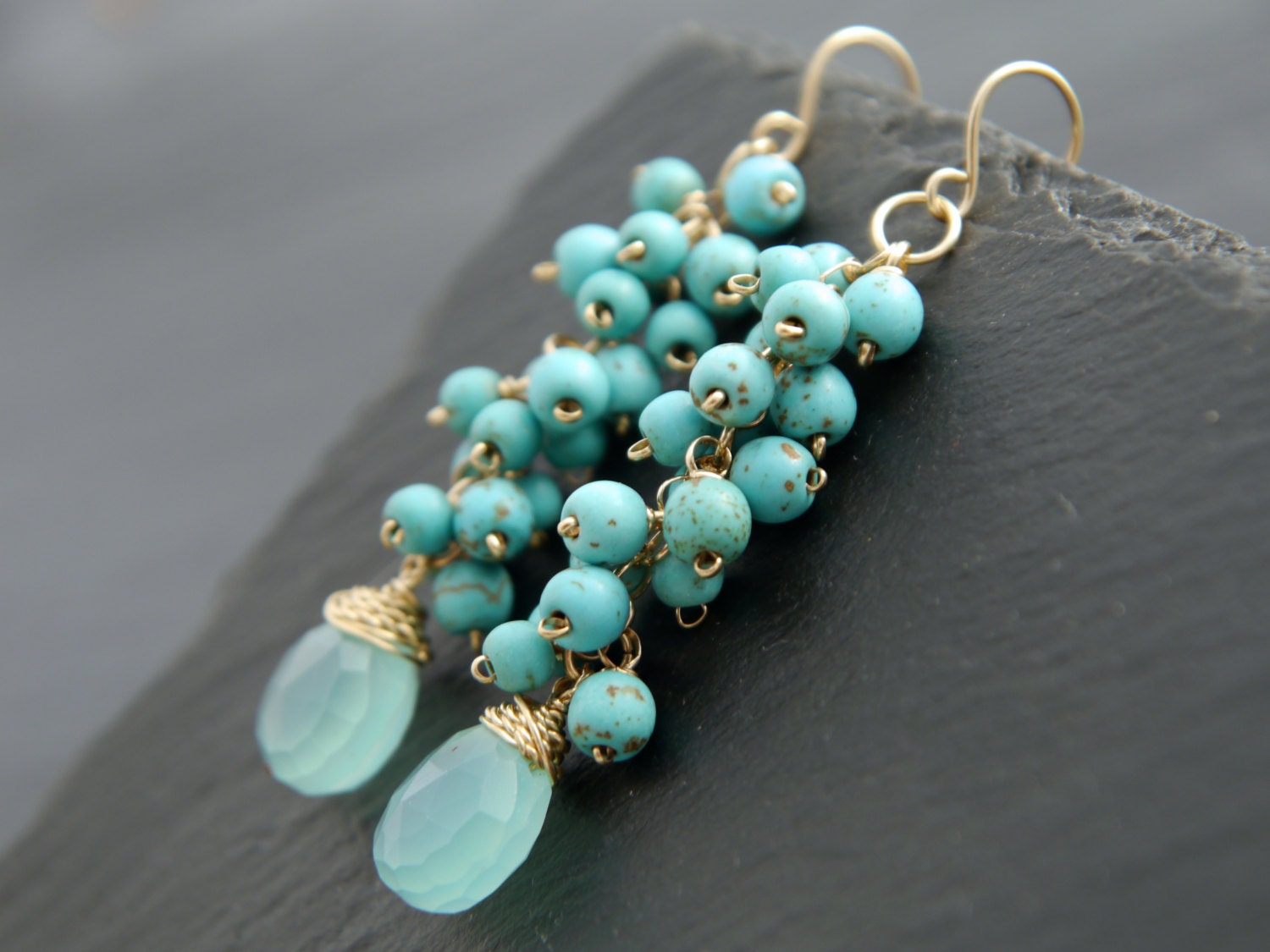 Aqua Chalcedony Turquoise Cluster Dangle Gemstone Earrings, 14K Gold Filled