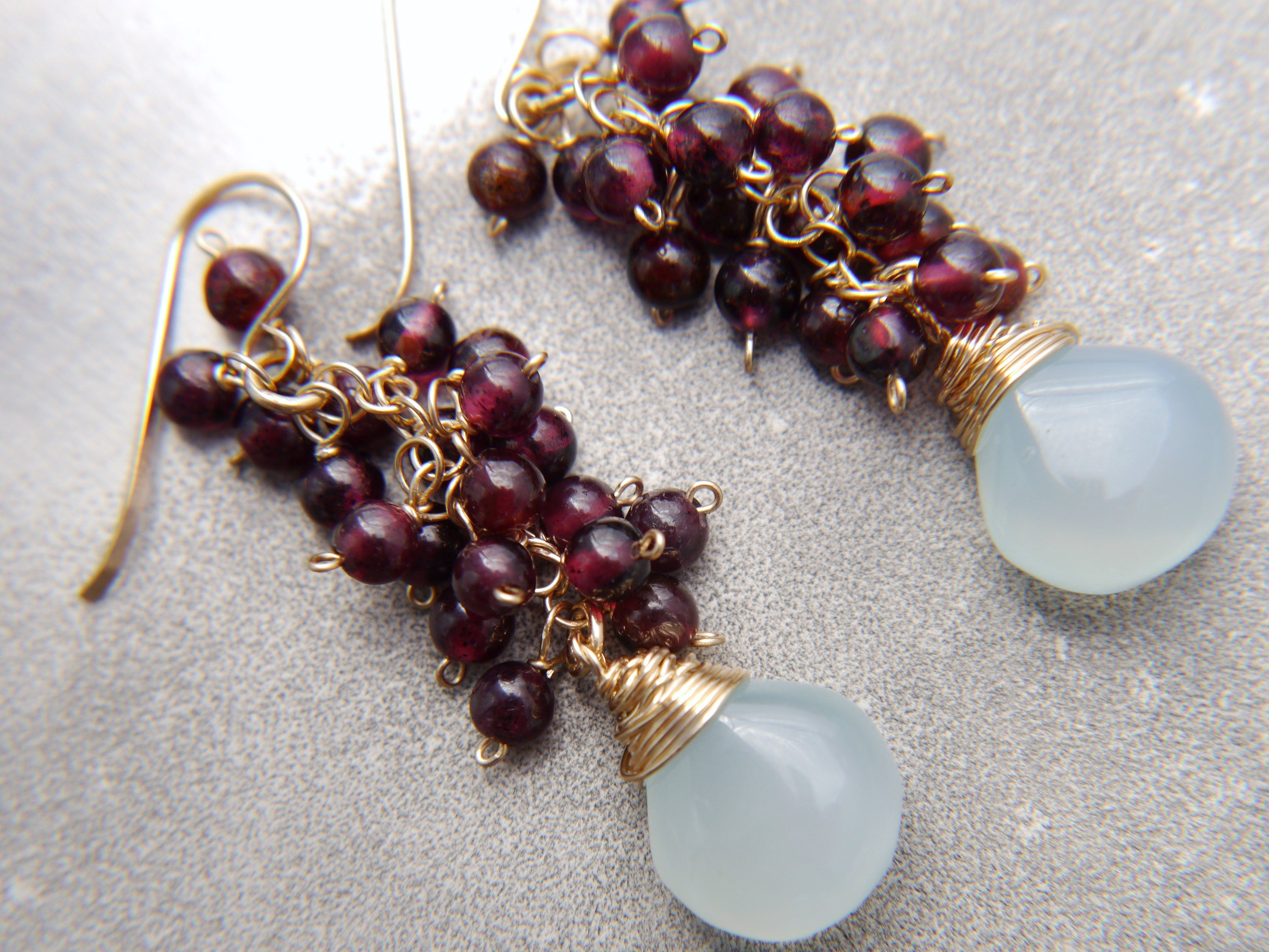 Aqua Chalcedony Garnet Cluster Earrings, 14K Gold Filled Briolette Dangle, Boho Jewelry