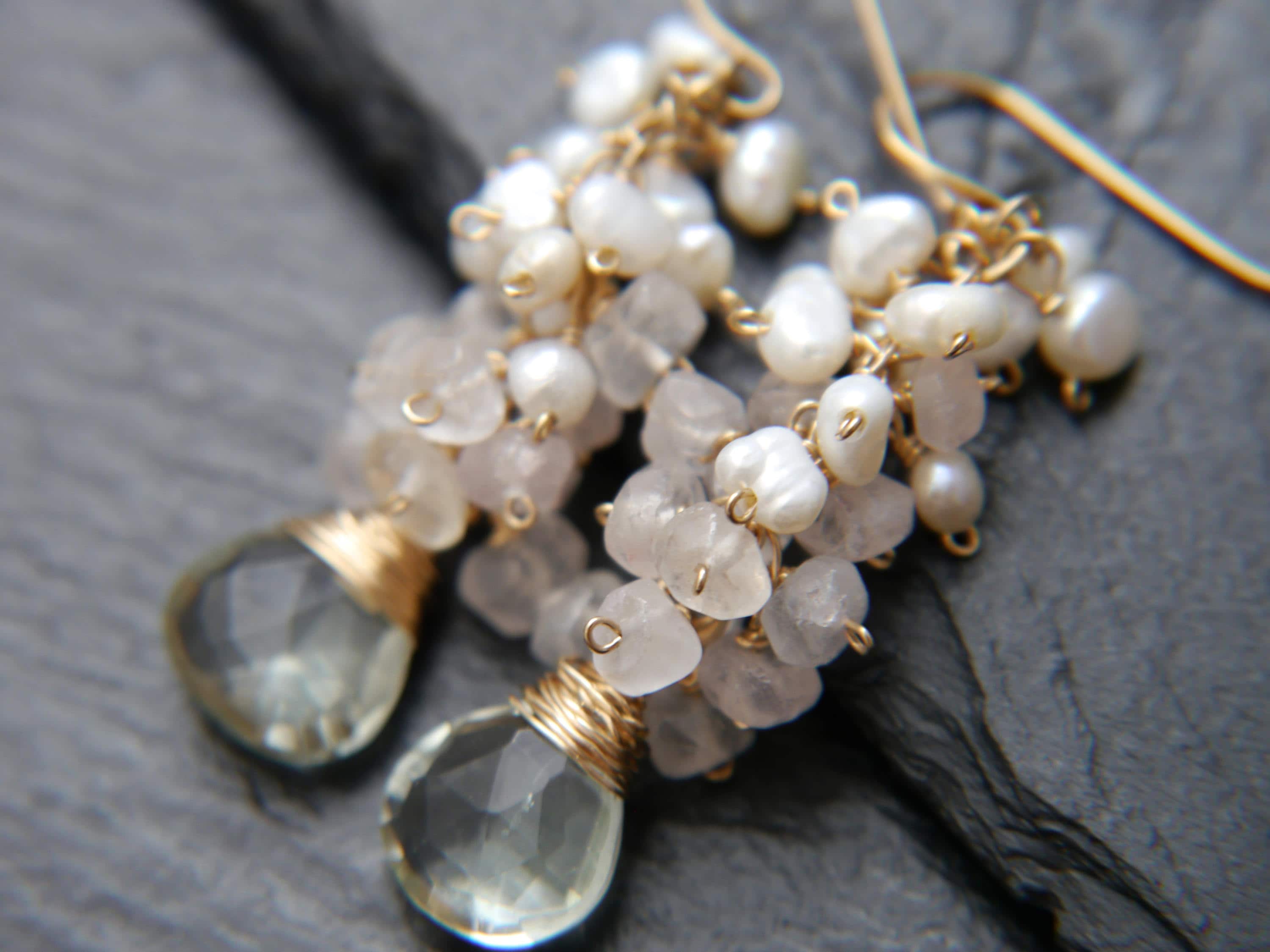 Green Amethyst Rose Quartz Pearl Cluster Gemstone Earrings, 14K Gold Filled Garden Wedding