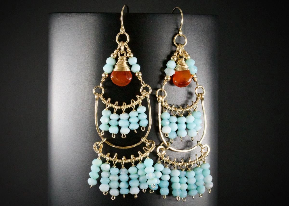 Carnelian Amazonite Chandelier Fringe Gemstone Earrings, 14K Gold Filled Unique Boho