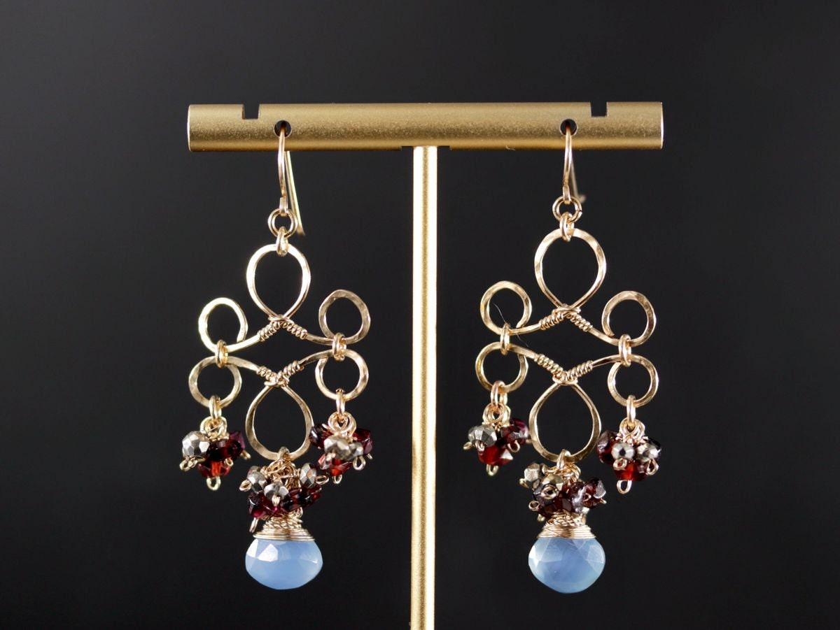 Garnet Blue Chalcedony Heart Chandelier, Gemstone Earrings, 14K Gold Filled Bohemain Jewelry