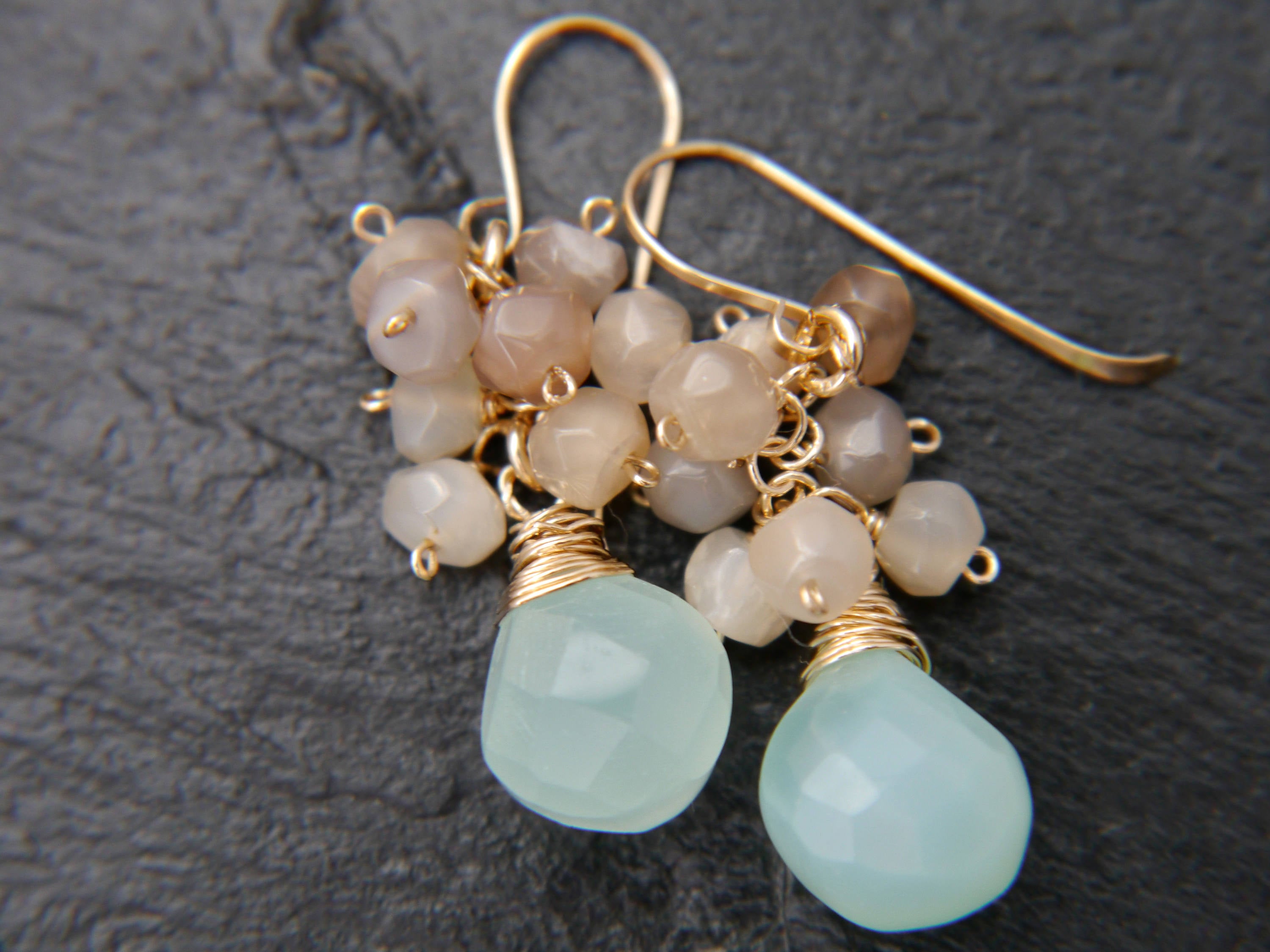 Moonstone Cluster Aqua Chalcedony Heart Gemstone Earrings, 14K Gold Filled Romantic