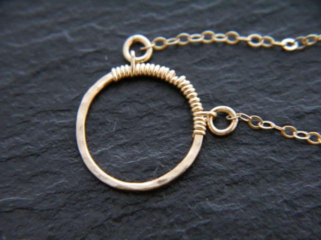 Hammered Circle Pendant Necklace, 14K Gold Filled, Minimalist Style