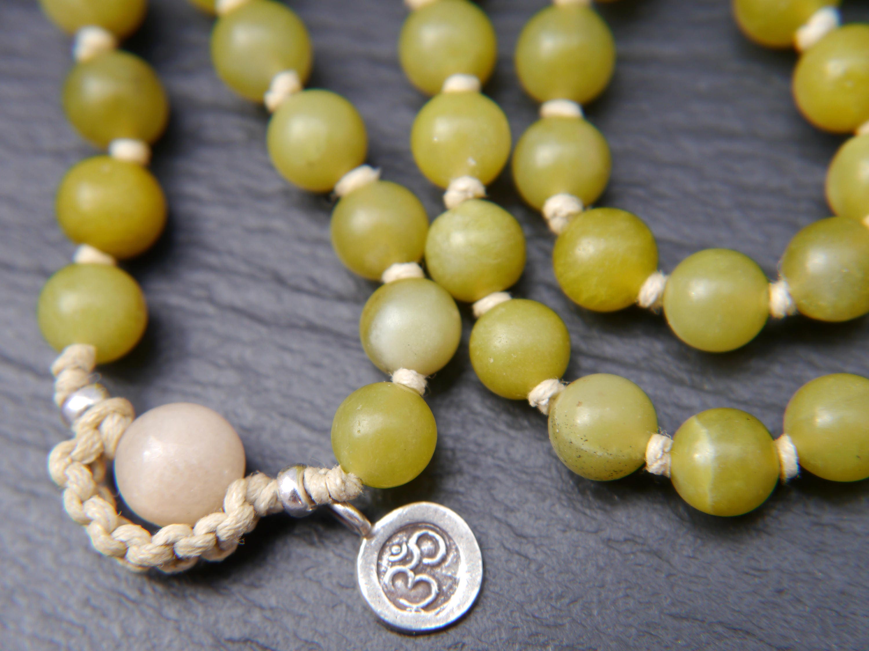 Olive Green Serpentine Mala Beads, 108 Gemstone Beads, Wrap, Hand Knotted