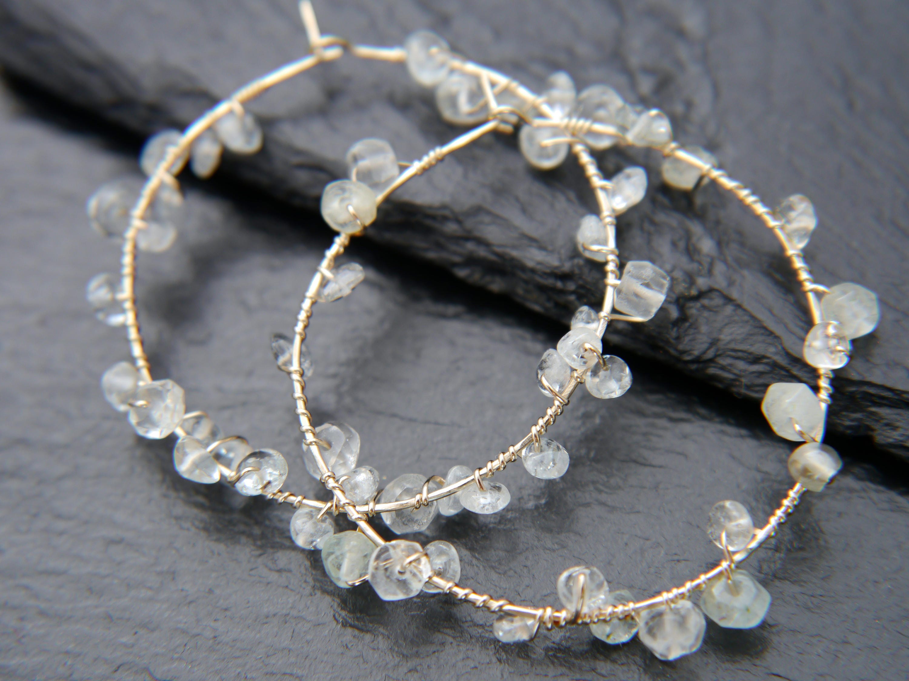 Aquamarine Floral Hoop Gemstone Earrings, 14K Gold Filled Ethereal Bride