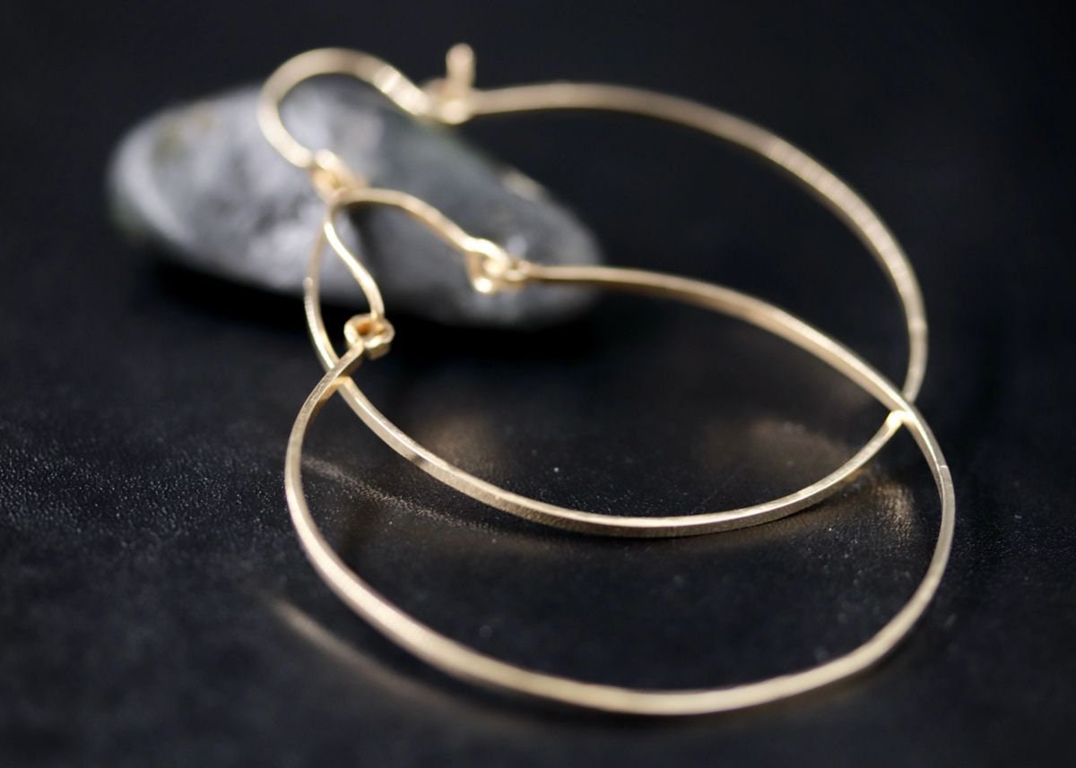 14K Gold Filled Hoop Earrings Large, Hammered Boho Chic Style
