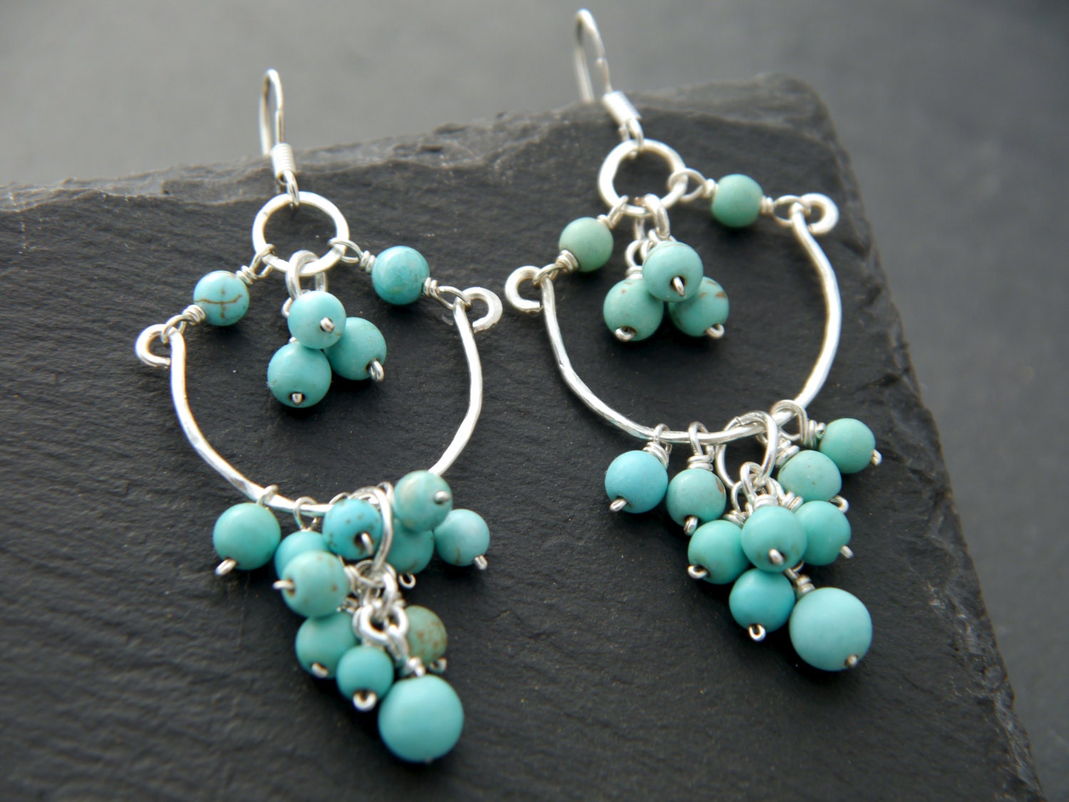 Turquoise Magnesite Chandelier Cluster Gemstone Earrings, Sterling Silver, Bohemian Style
