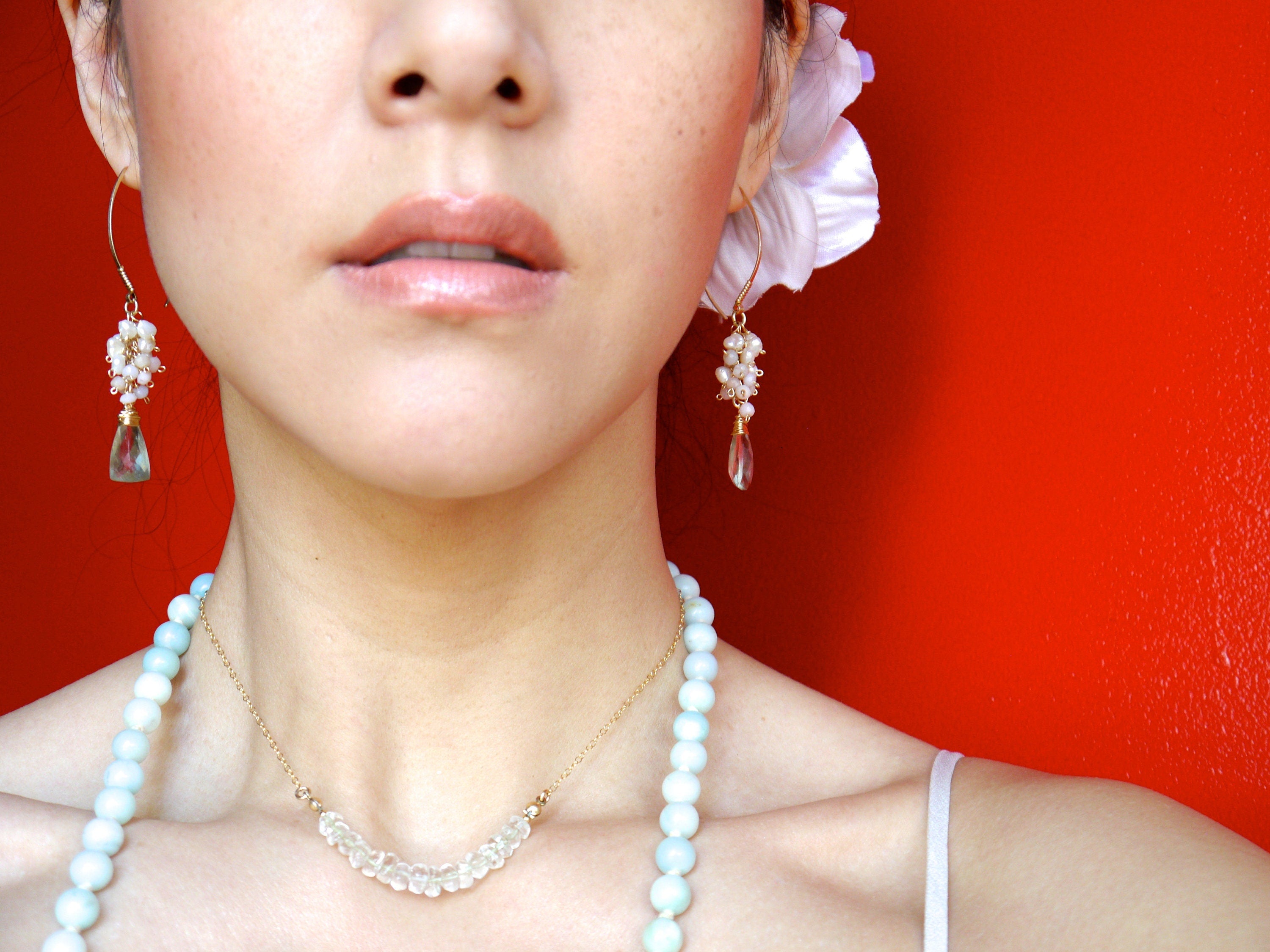 Pearl Pink Opal Green Amethyst Floral Gemstone Earrings, 14K Gold Filled Bohemian Jewelry