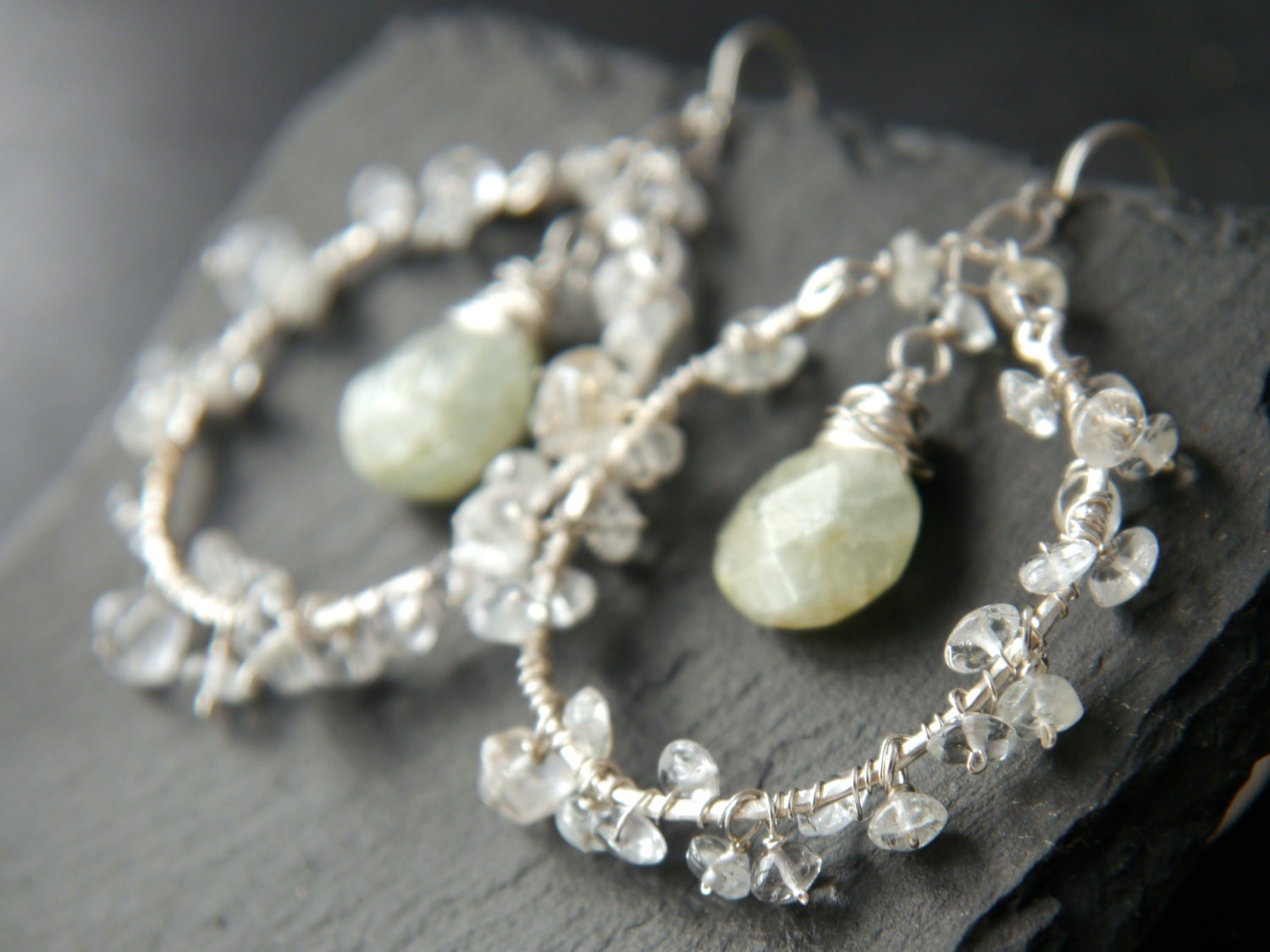 Aquamarine Chandelier Floral Hoop Gemstone Earrings, Sterling Silver Bridal Jewelry