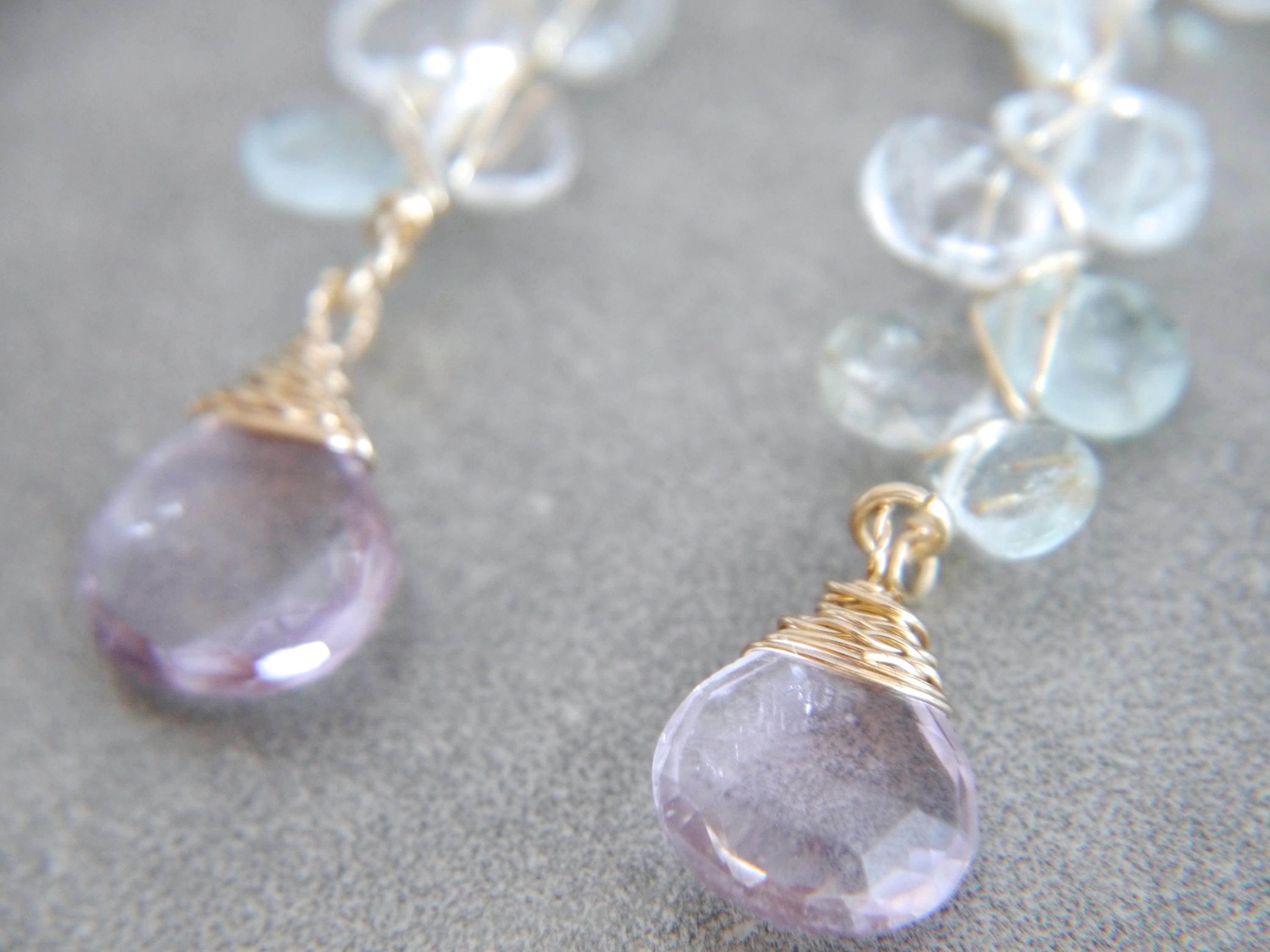 Aquamarine Amethyst Long Dangle Floral Gemstone Earrings, 14K Gold Filled  Wedding