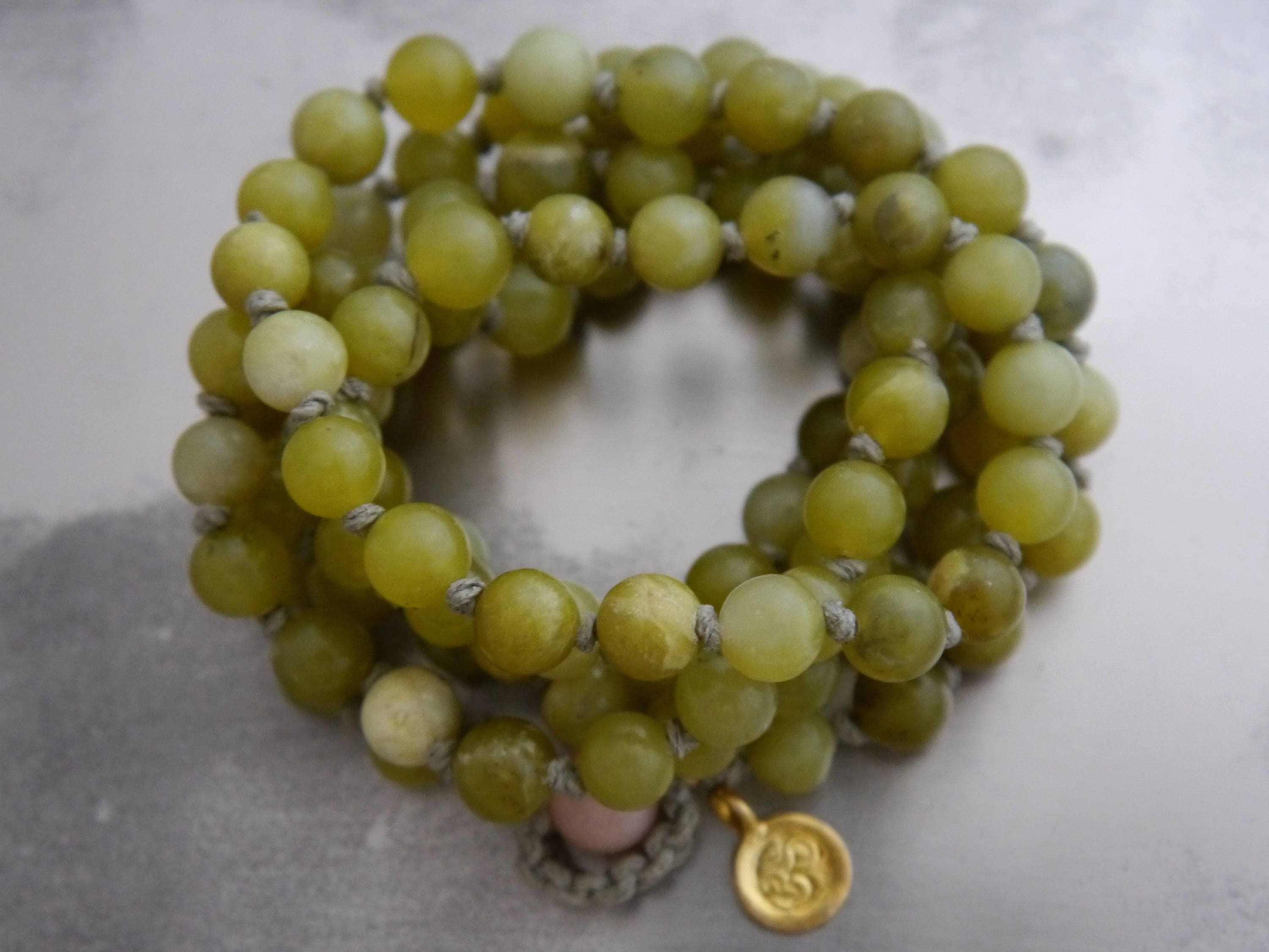 Olive Green Serpentine Mala Beads, 108 Gemstone Beads, Wrap, Hand Knotted