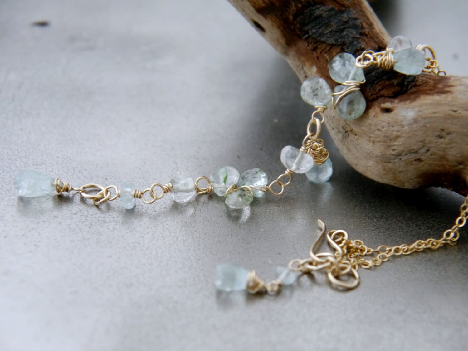 Aquamarine Waterfall Lariat Y Gemstone Necklace, 14K Gold Filled, Bridal