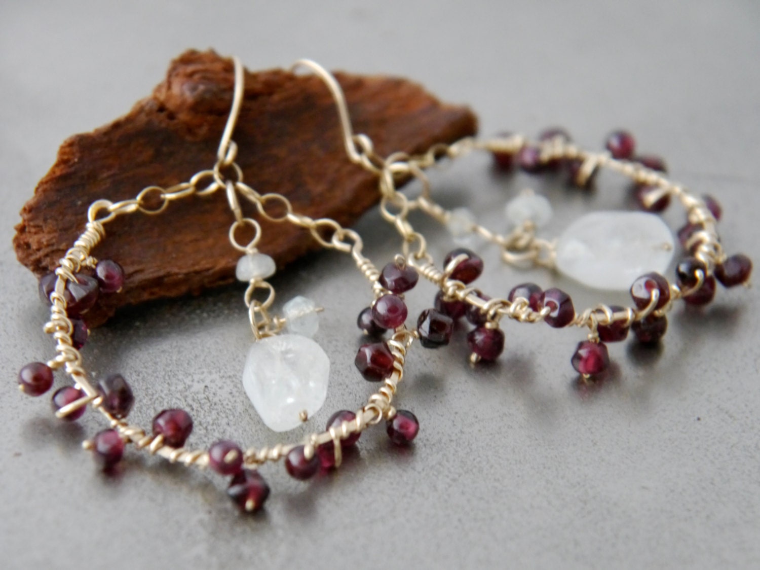 Garnet Aquamarine Floral Hoop Earrings, 14K Gold Filled Gemstone Hoops, Boho Jewelry