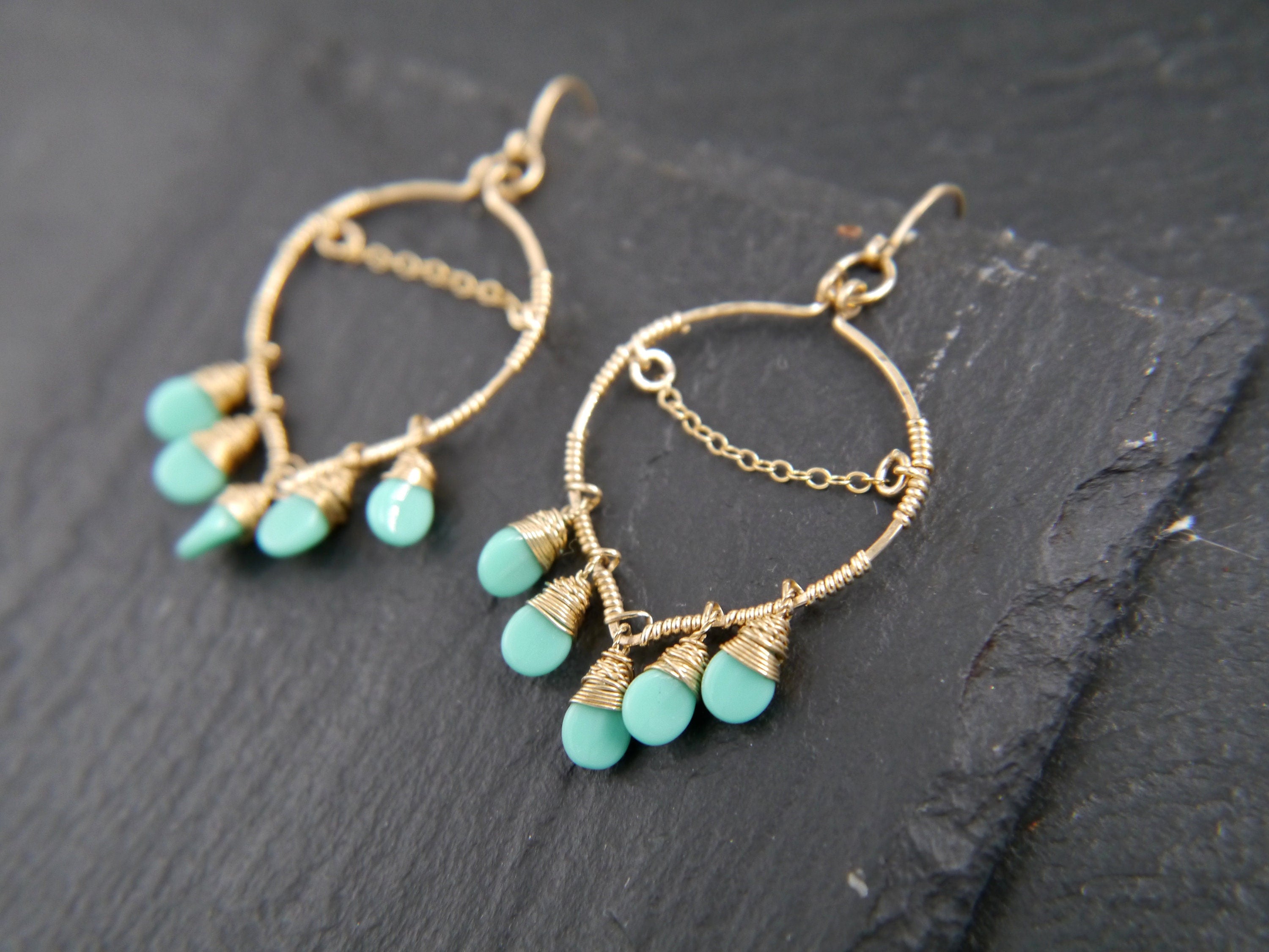 Boho Czech Glass Chandelier Gemstone Earrings, 14K Gold Filled Bohemian Style