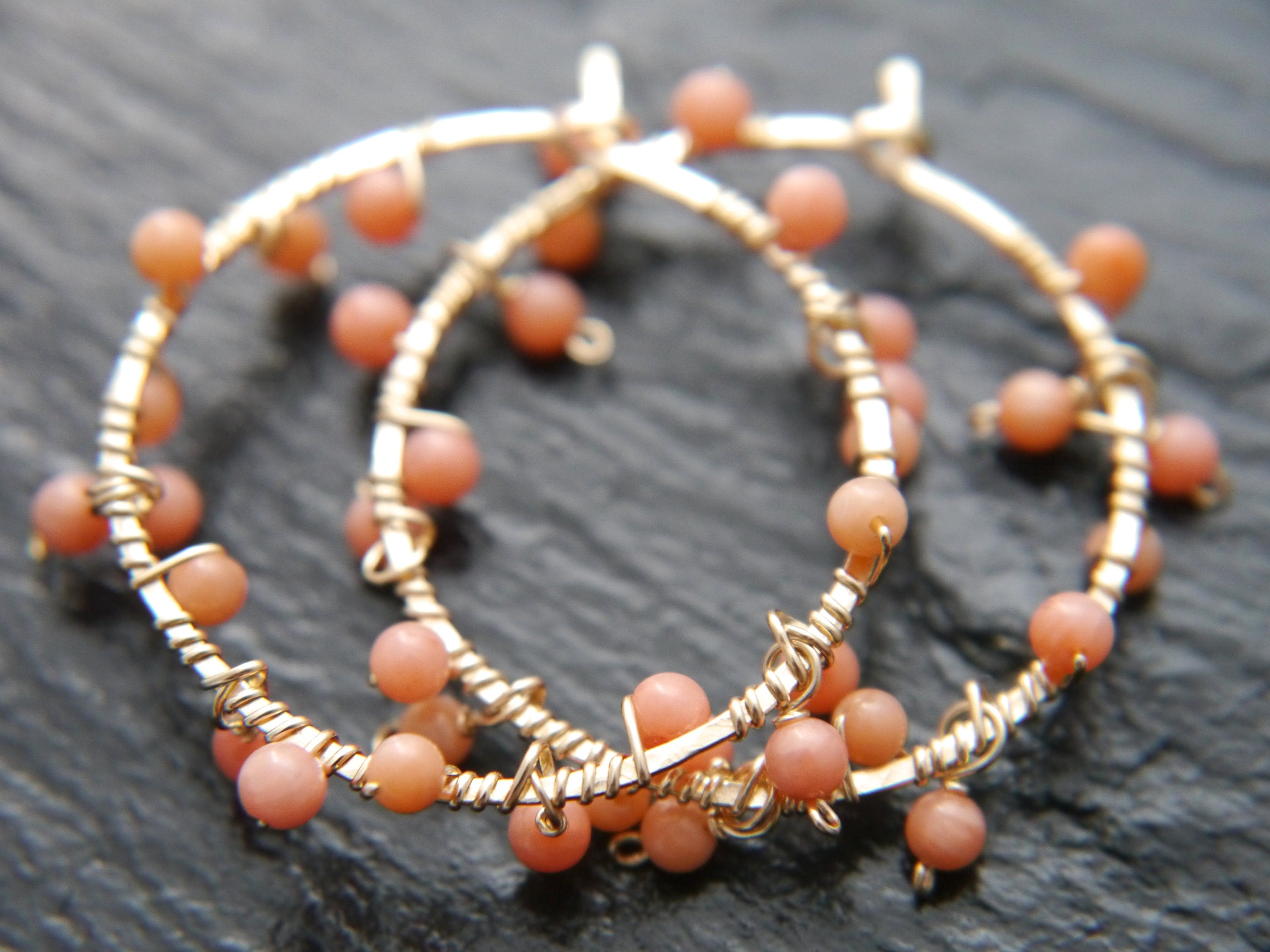 Coral Hoop Gemstone Earrings, 14K Gold Filled Garland Floral  Bohemian Style