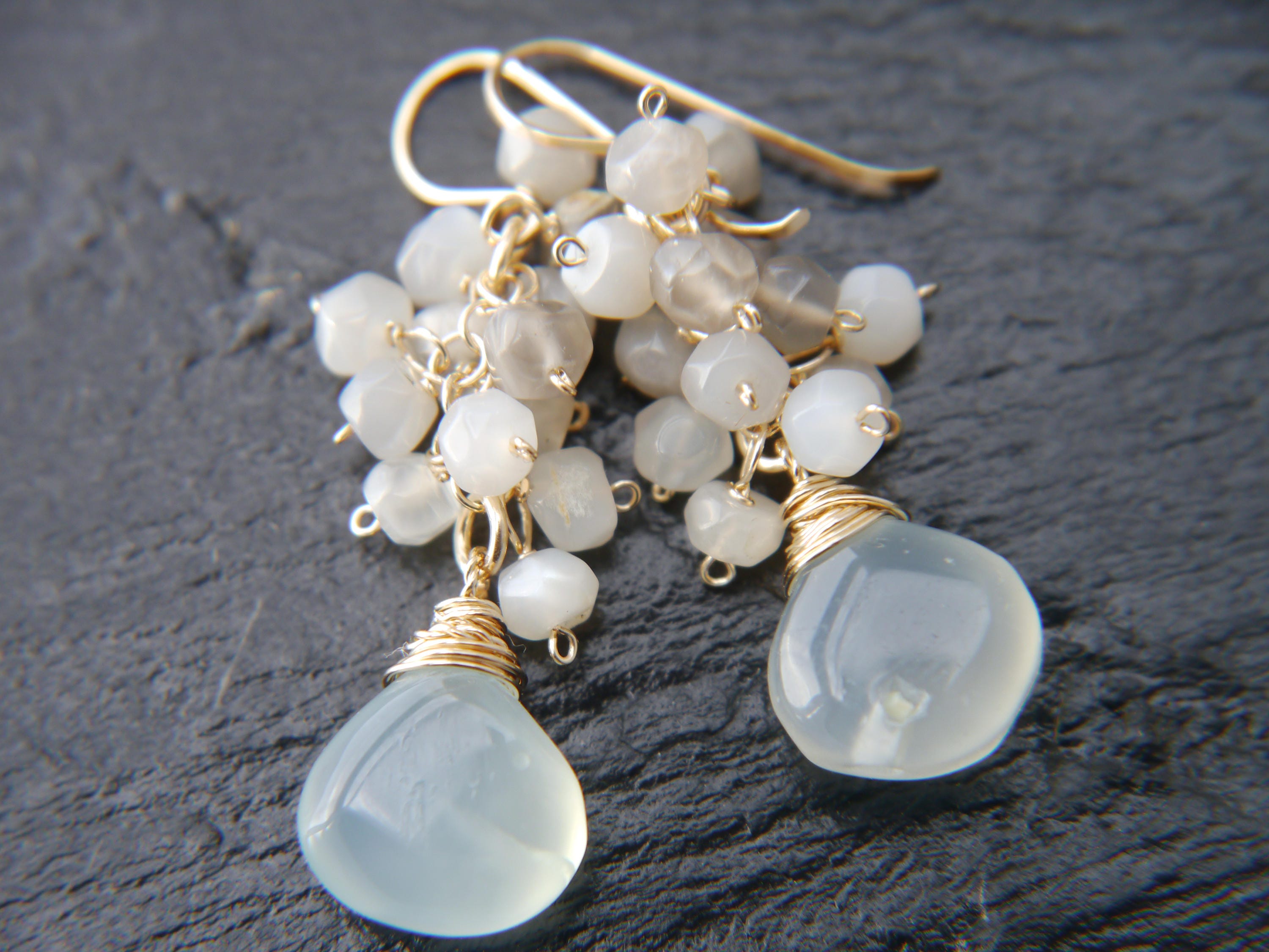 Aqua Chalcedony Briolette Moonstone Cluster Gemstone Earrings, 14K Gold Filled