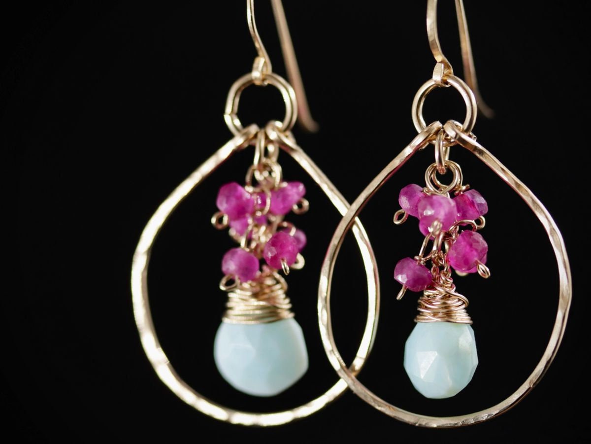 Peruvian Opal Ruby Floral Gemstone Earrings, 14K Gold Filled Bohemian Jewelry