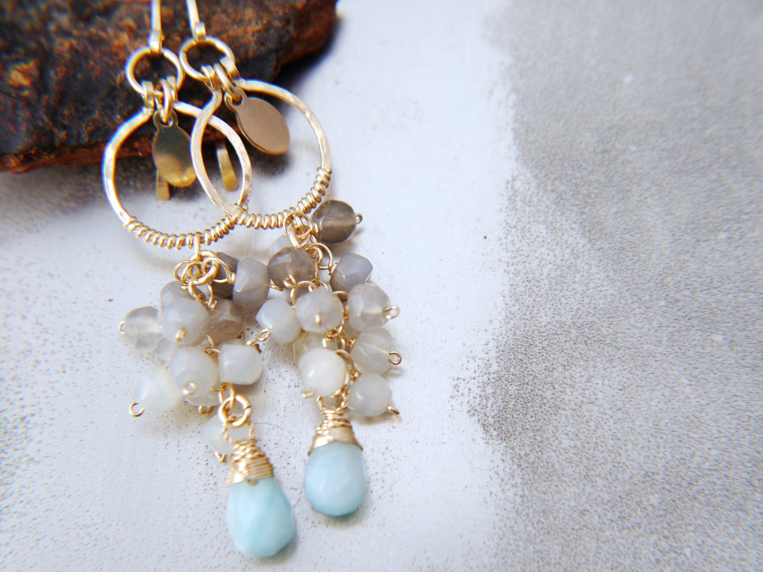 Moonstone Amazonite Cluster Gemstone Earrings 14K Gold Filled Nature Inspired