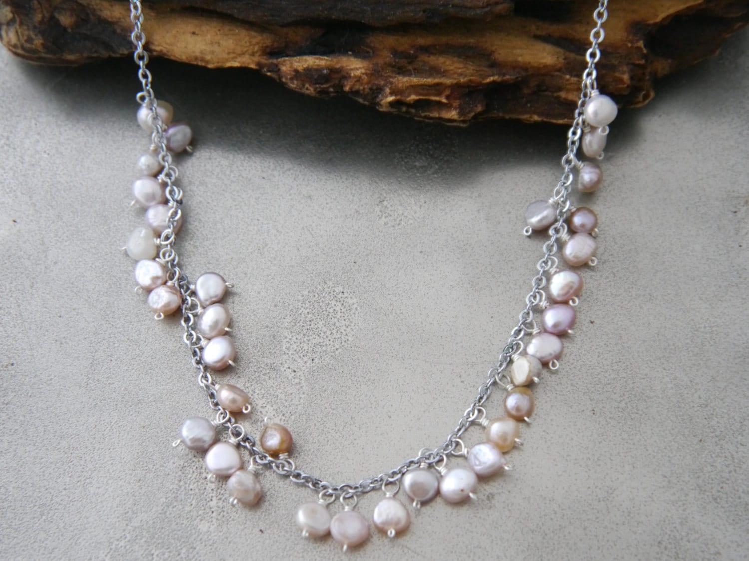 Pink Freshwater Pearl Floral Vine Gemstone Necklace, Sterling Silver, Wedding Jewelry