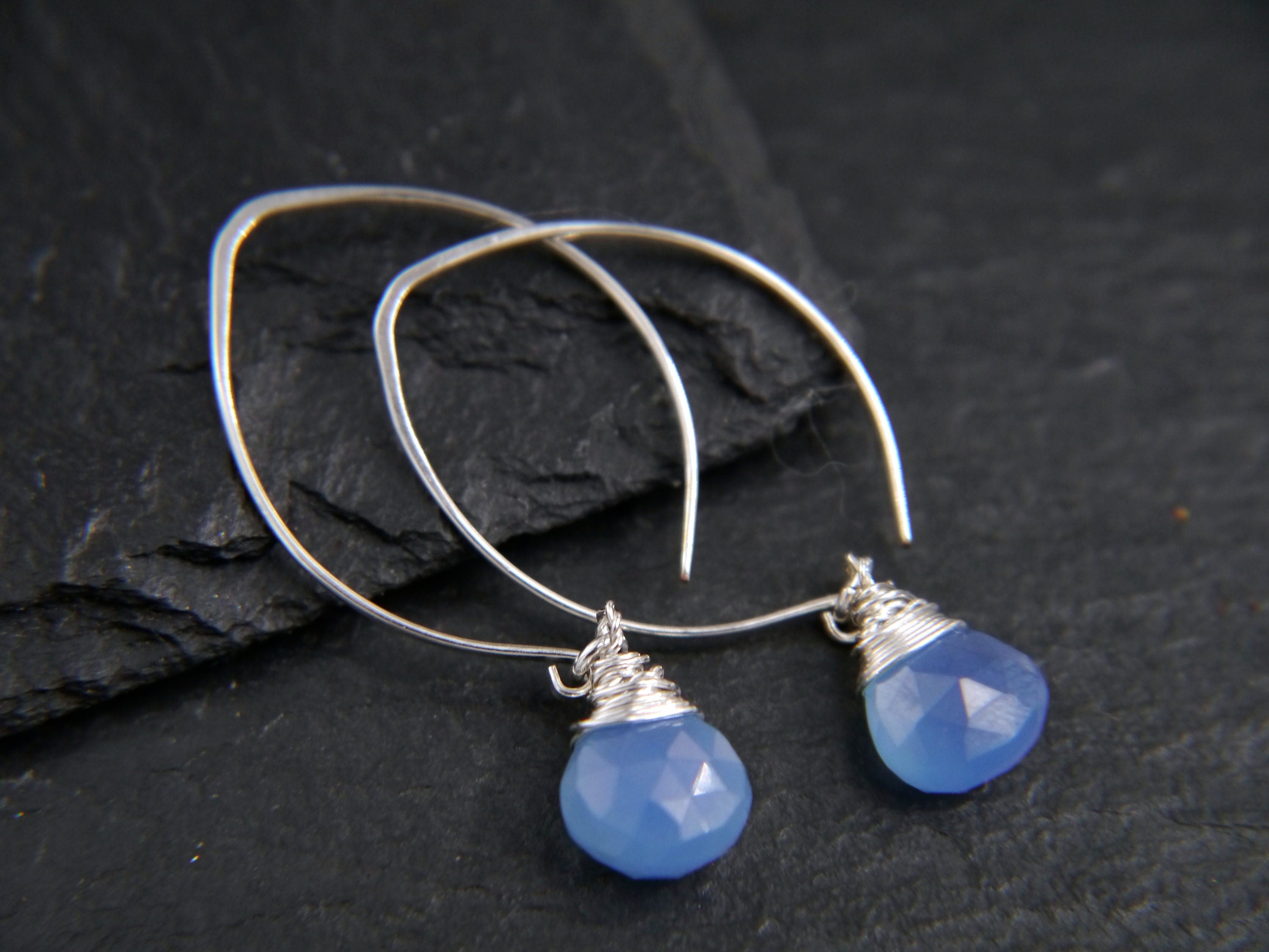 Aqua Chalcedony Long Hoop Dangle Gemstone Earrings, Sterling Silver