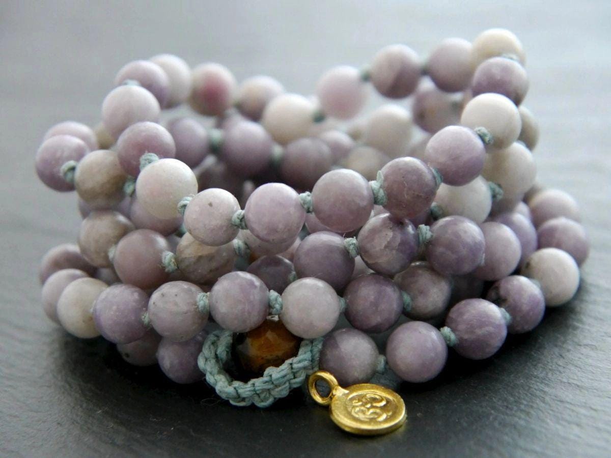 Lavender Lilac Stone 108 Mala Bead , Wrap, Hand Knotted Tibetan Prayer Beads