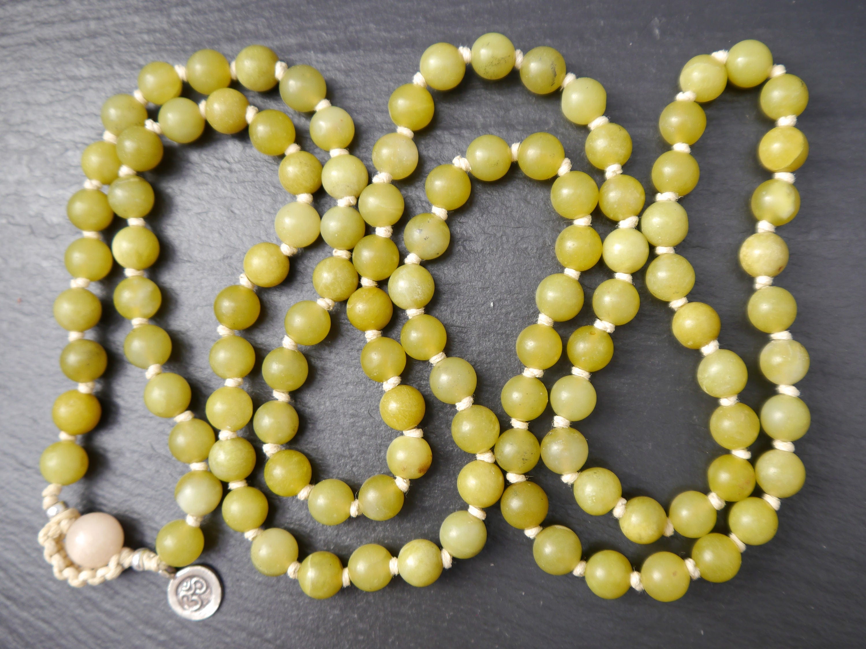 Olive Green Serpentine Mala Beads, 108 Gemstone Beads, Wrap, Hand Knotted
