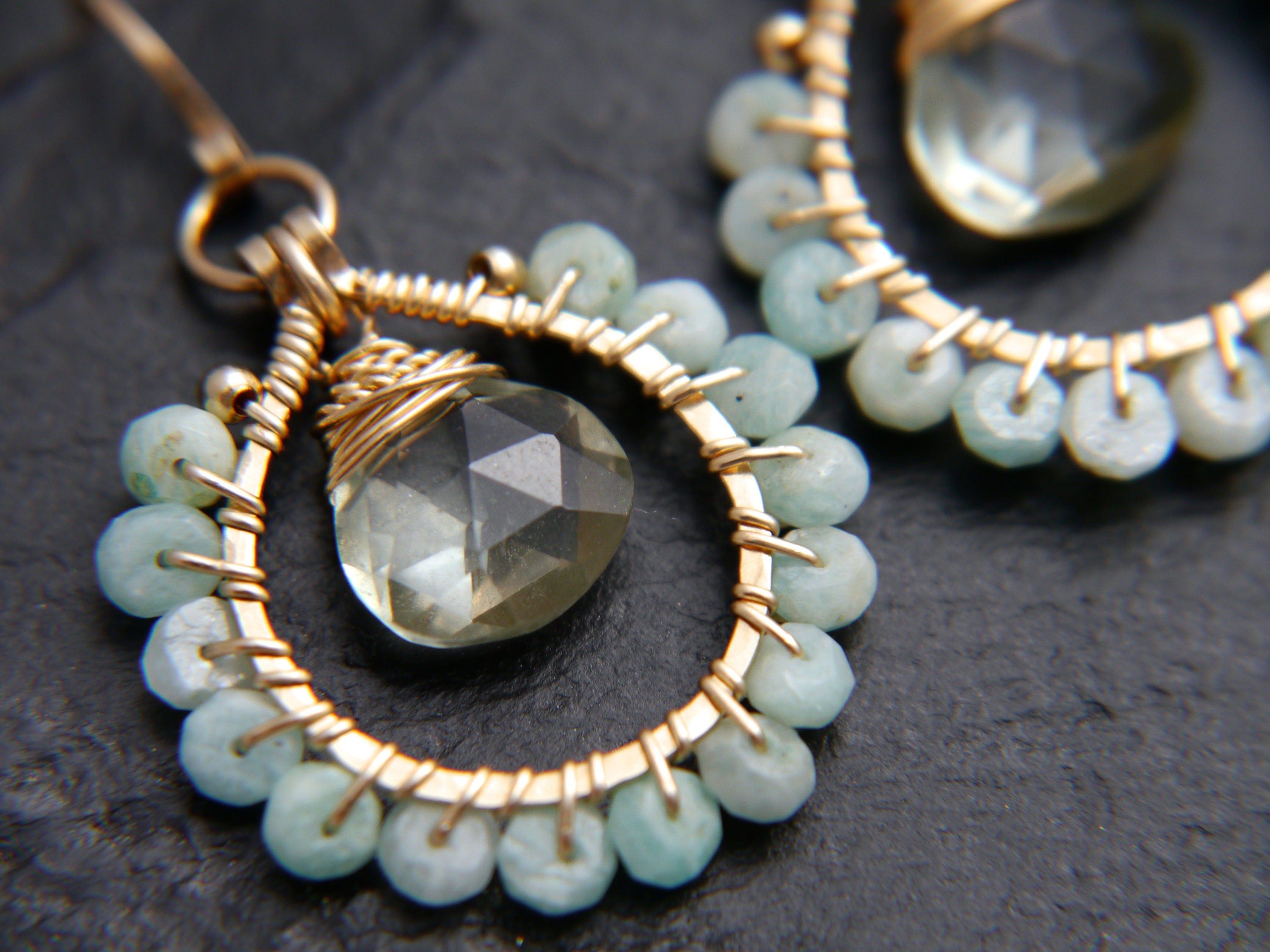 Amazonite Green Amethyst Hoop Earrings, 14K Gold Filled Gemstone Hoops, February Birthstone
