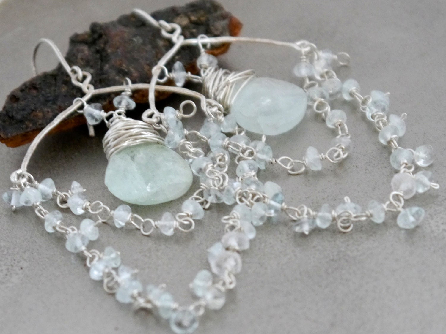 Aquamarine Chandelier Fringe Gemstone Earrings, Sterling Silver Bridal Jewelry