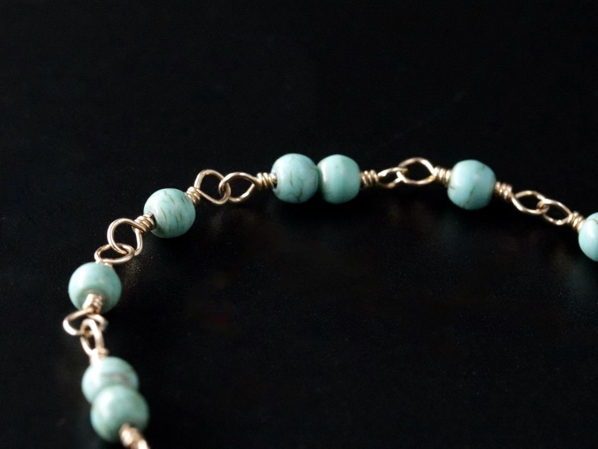 Turquoise Magnesite Garnet Gemstone Bracelet, 14K Gold Filled Rosary Chain Boho Style