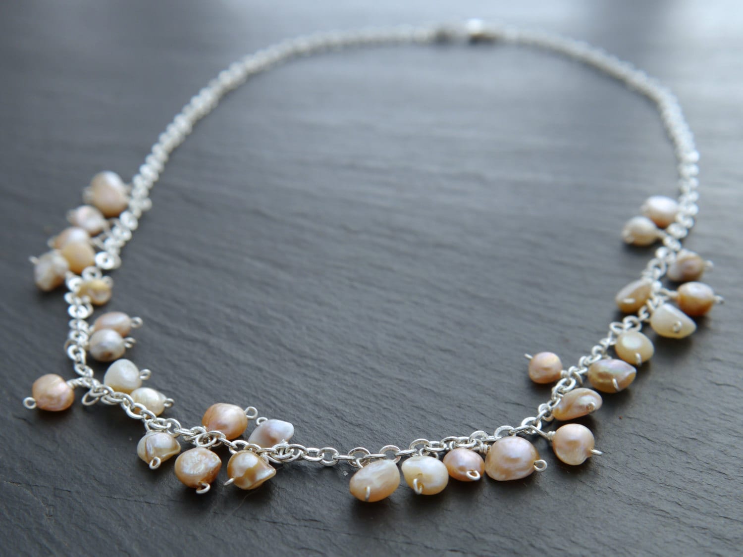Freshwater Pink Pearl Floral Vine Gemstone Necklace, Sterling Silver, Wedding Jewelry