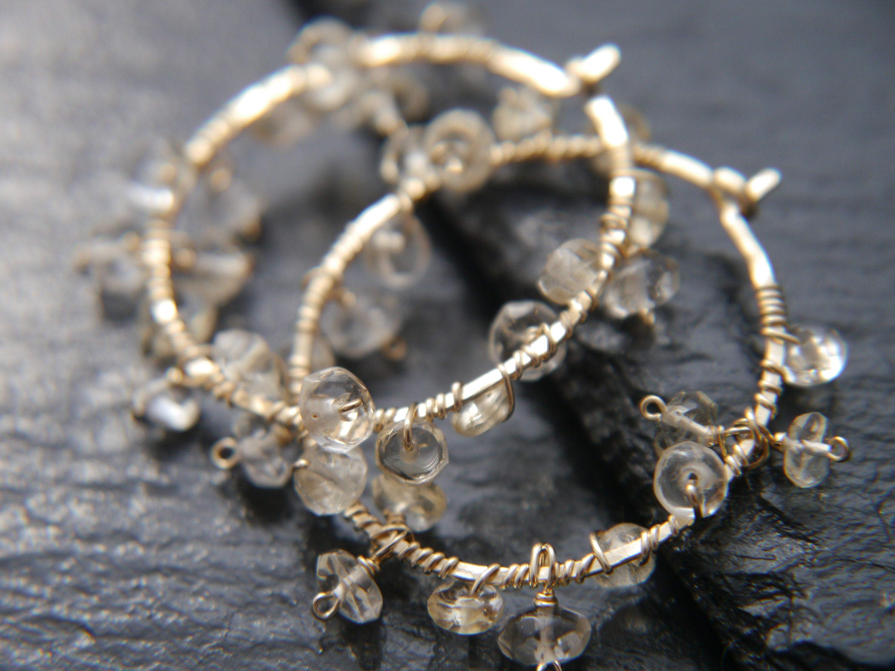 Citrine Floral Hoop Gemstone Earrings, 14K Gold Filled Boho Wedding Jewelry