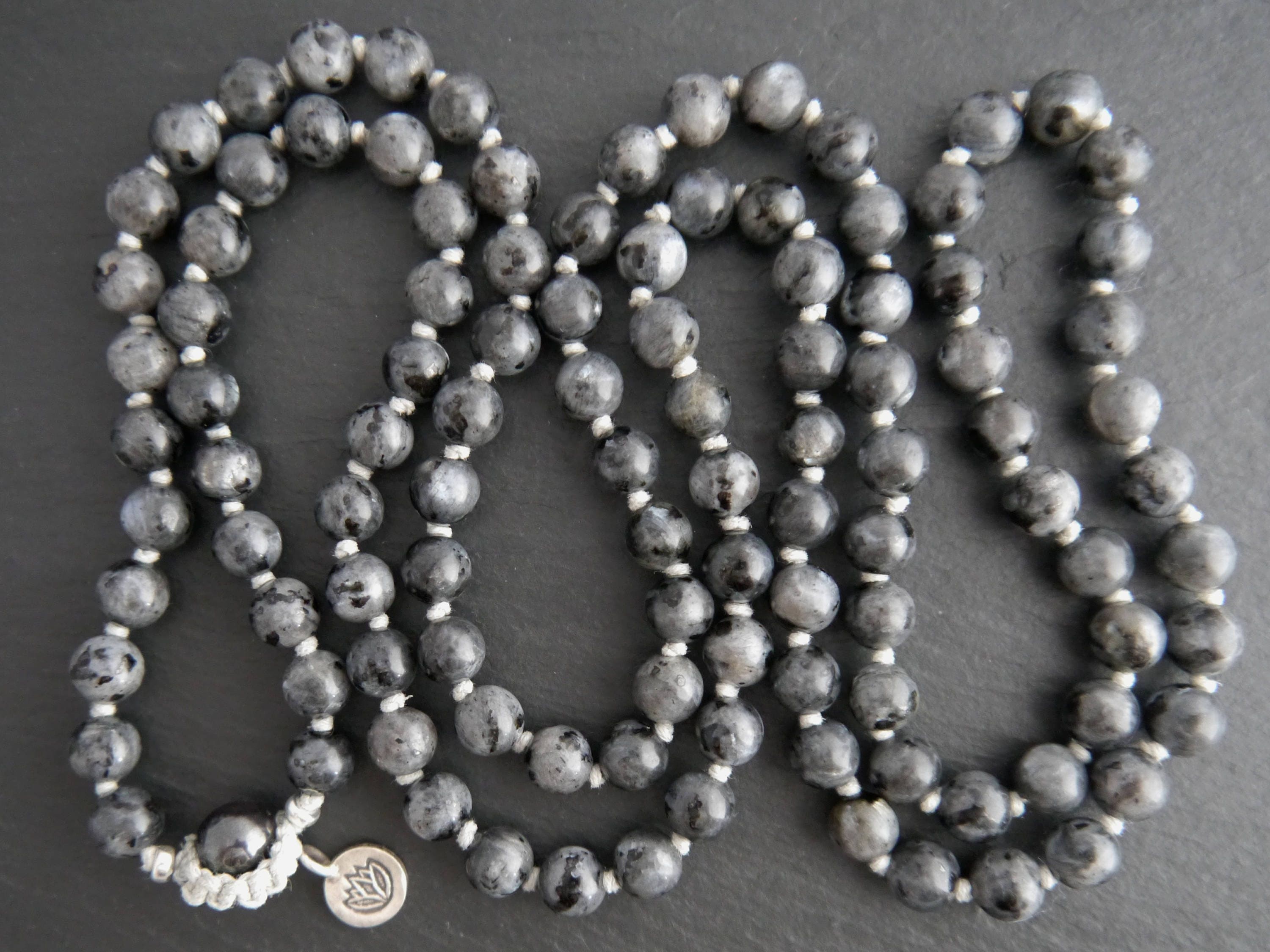 Gray Flash Labradorite Mala Beads, 108 Gemstone Beads, Wrap, Hand Knotted