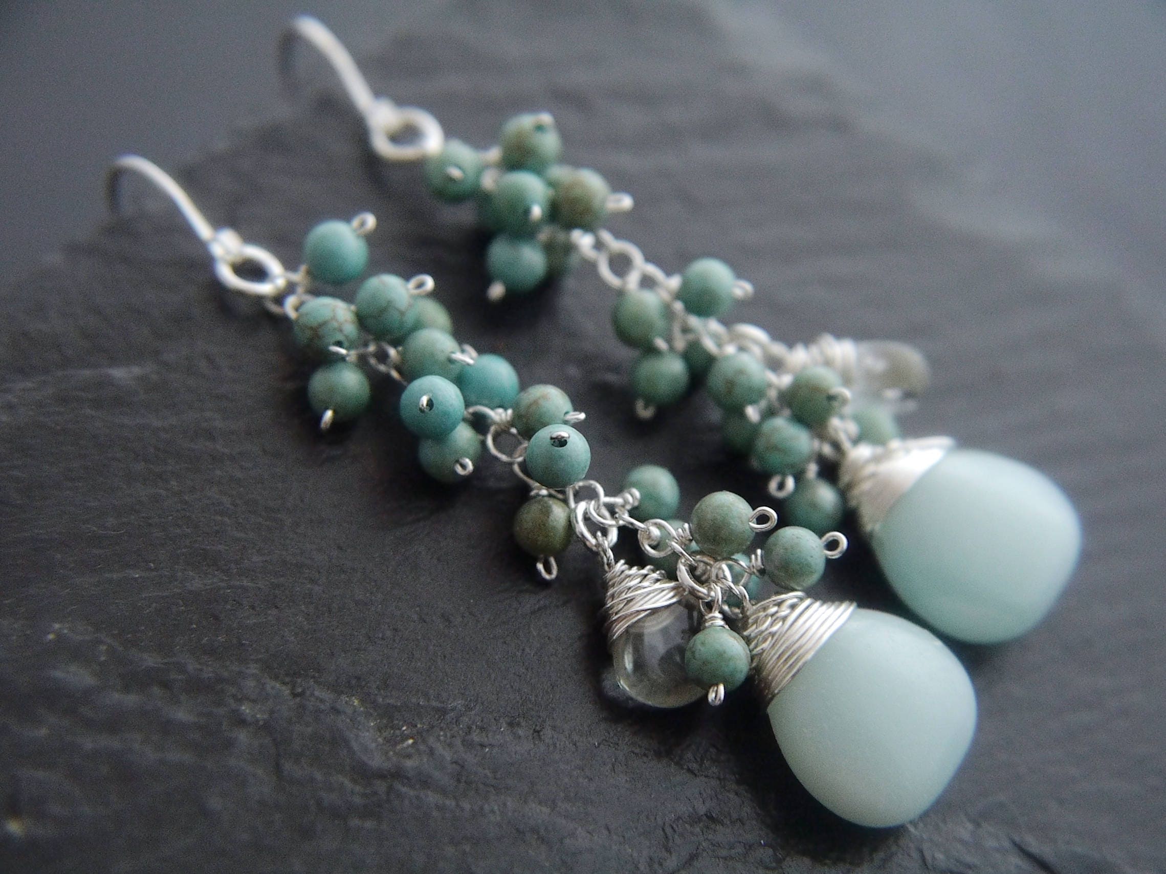 Amazonite Turquoise Magnesite Long Dangle Cluster Gemstone Earrings, Sterling Silver
