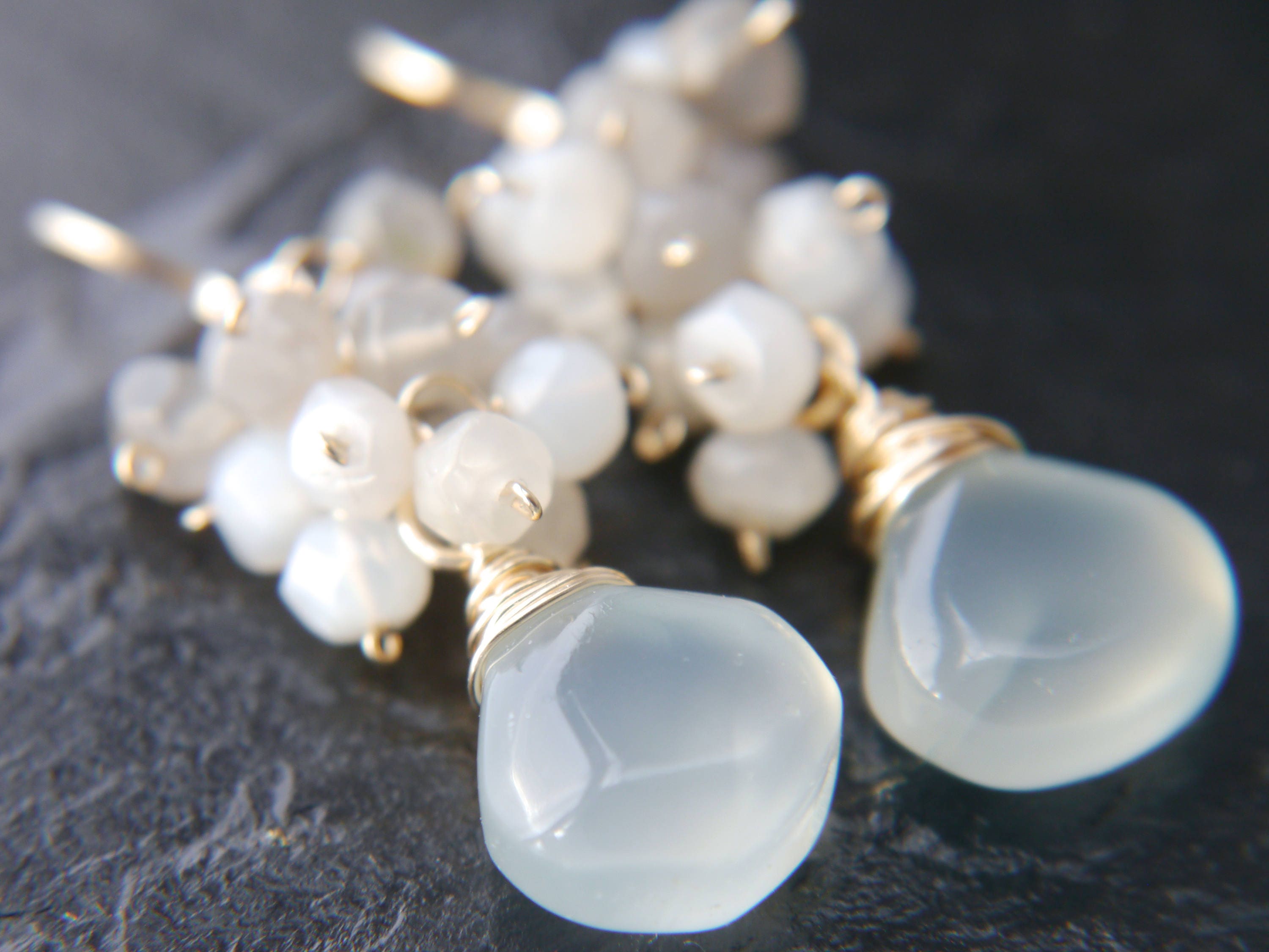 Aqua Chalcedony Briolette Moonstone Cluster Gemstone Earrings, 14K Gold Filled