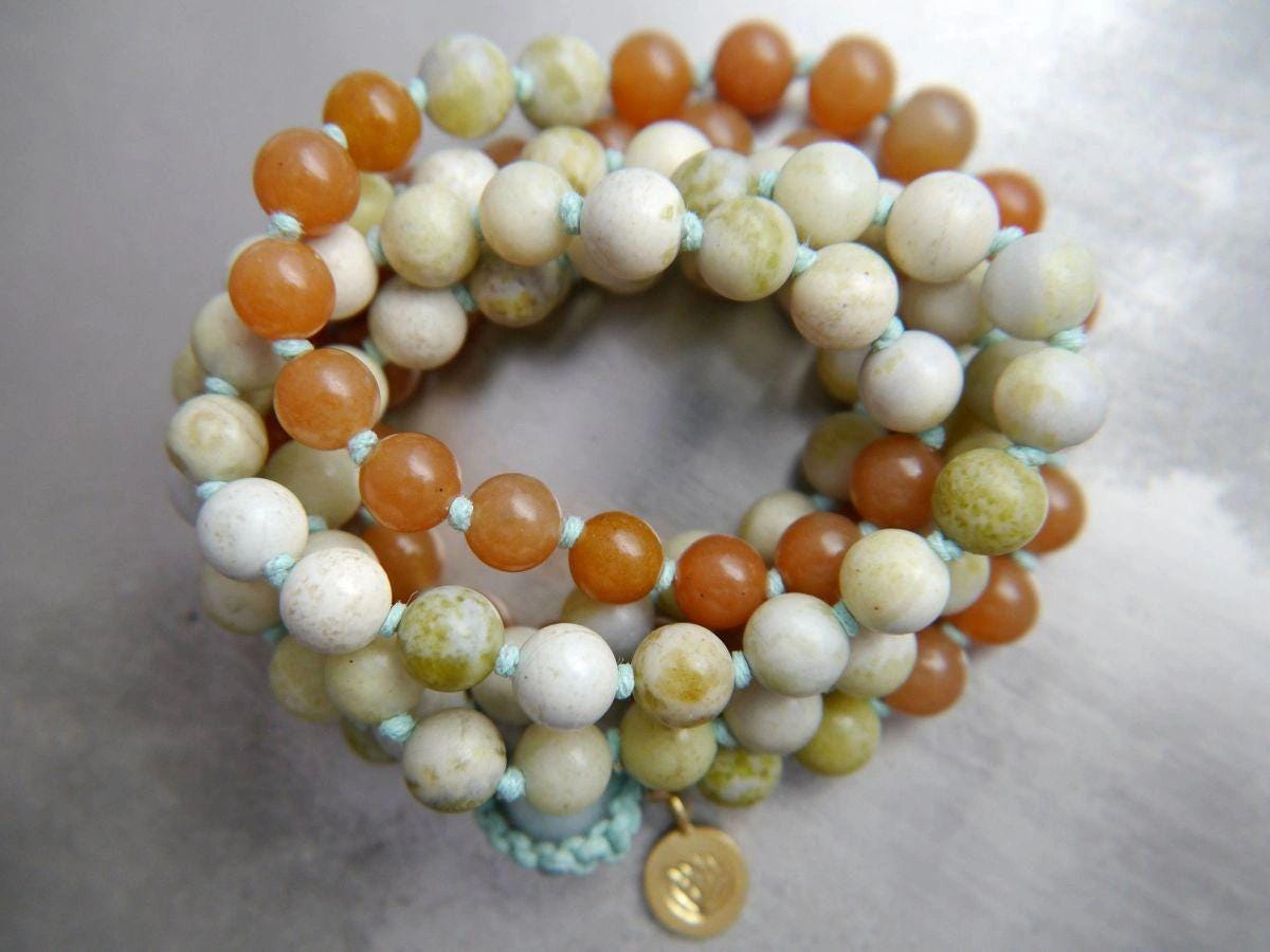 Red Aventurine, Green Peridot Serpentine Mala Beads, 108 Gemstone , Hand-Knotted