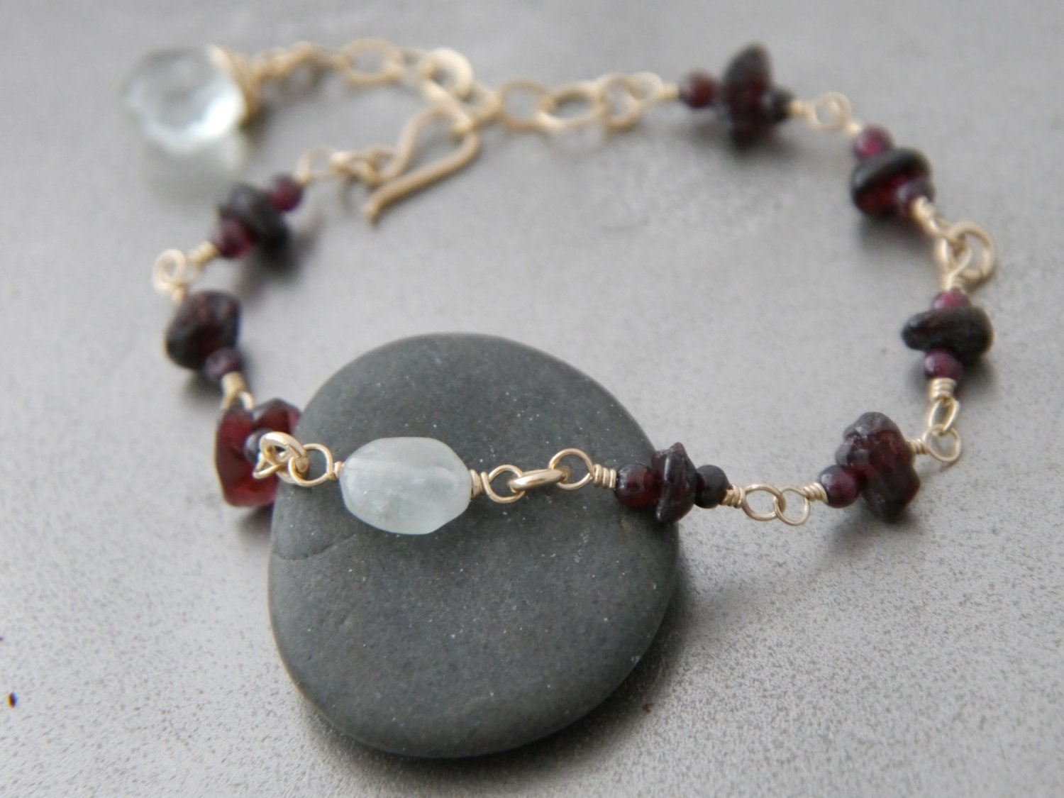 Garnet Aquamarine 14K Gold Filled Rosary Chain Gemstone Bracelet Boho Jewelry