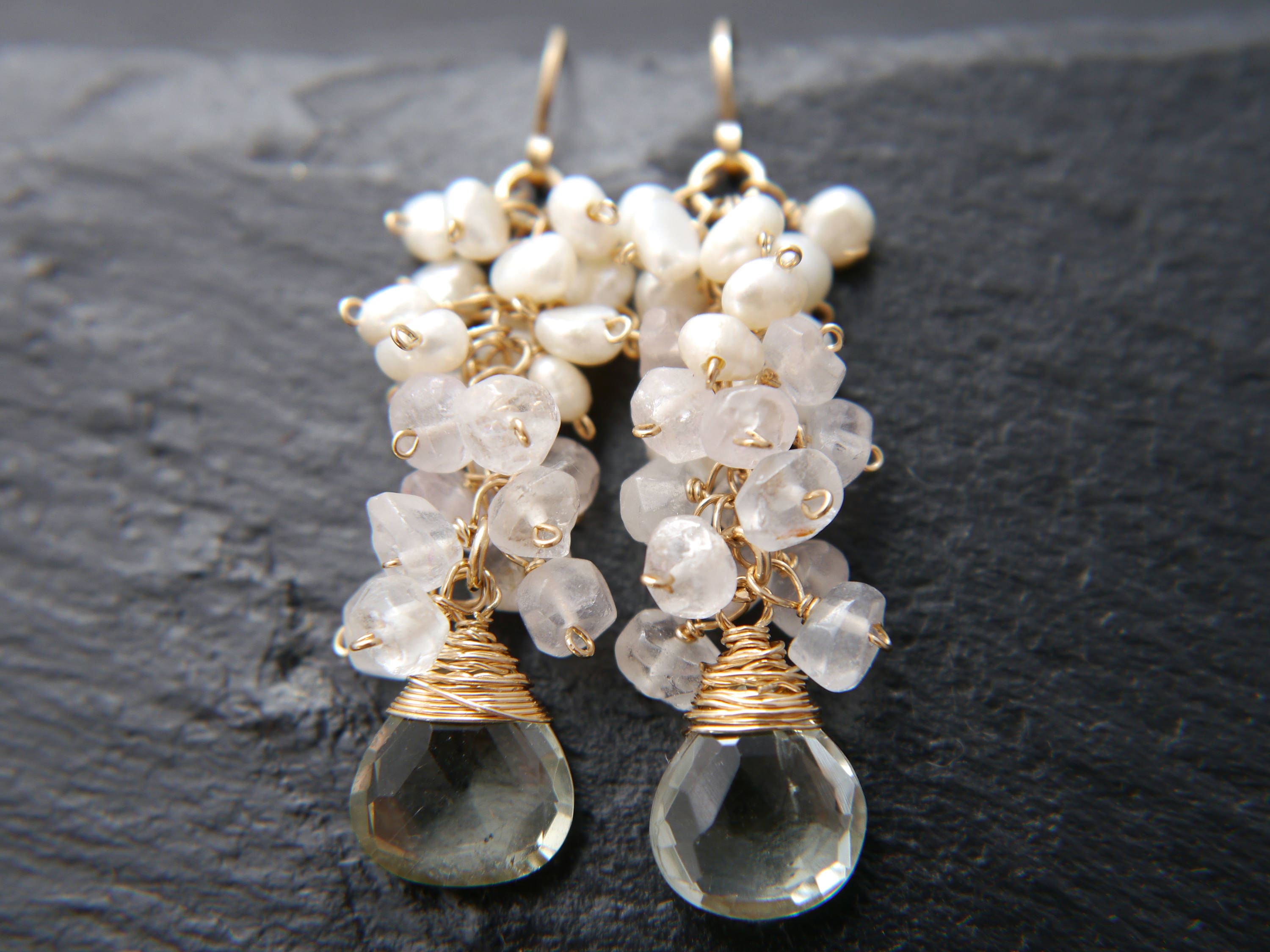 Green Amethyst Rose Quartz Pearl Cluster Gemstone Earrings, 14K Gold Filled Garden Wedding