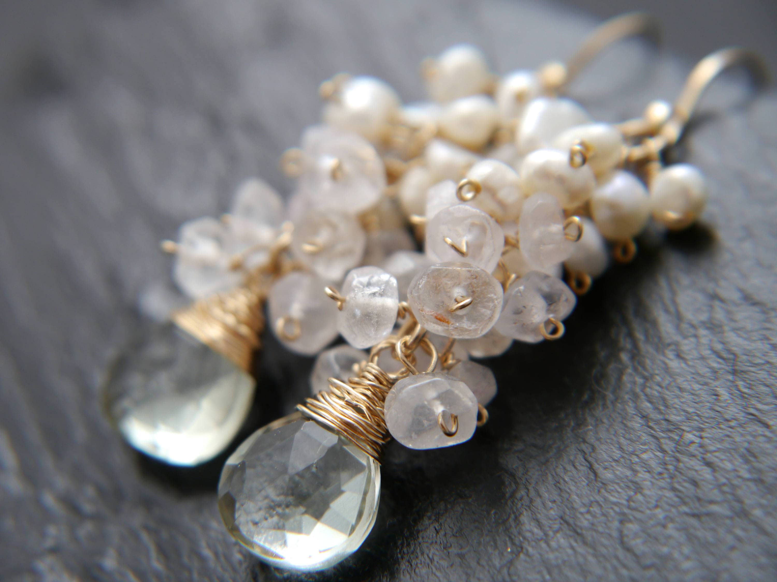 Green Amethyst Rose Quartz Pearl Cluster Gemstone Earrings, 14K Gold Filled Garden Wedding