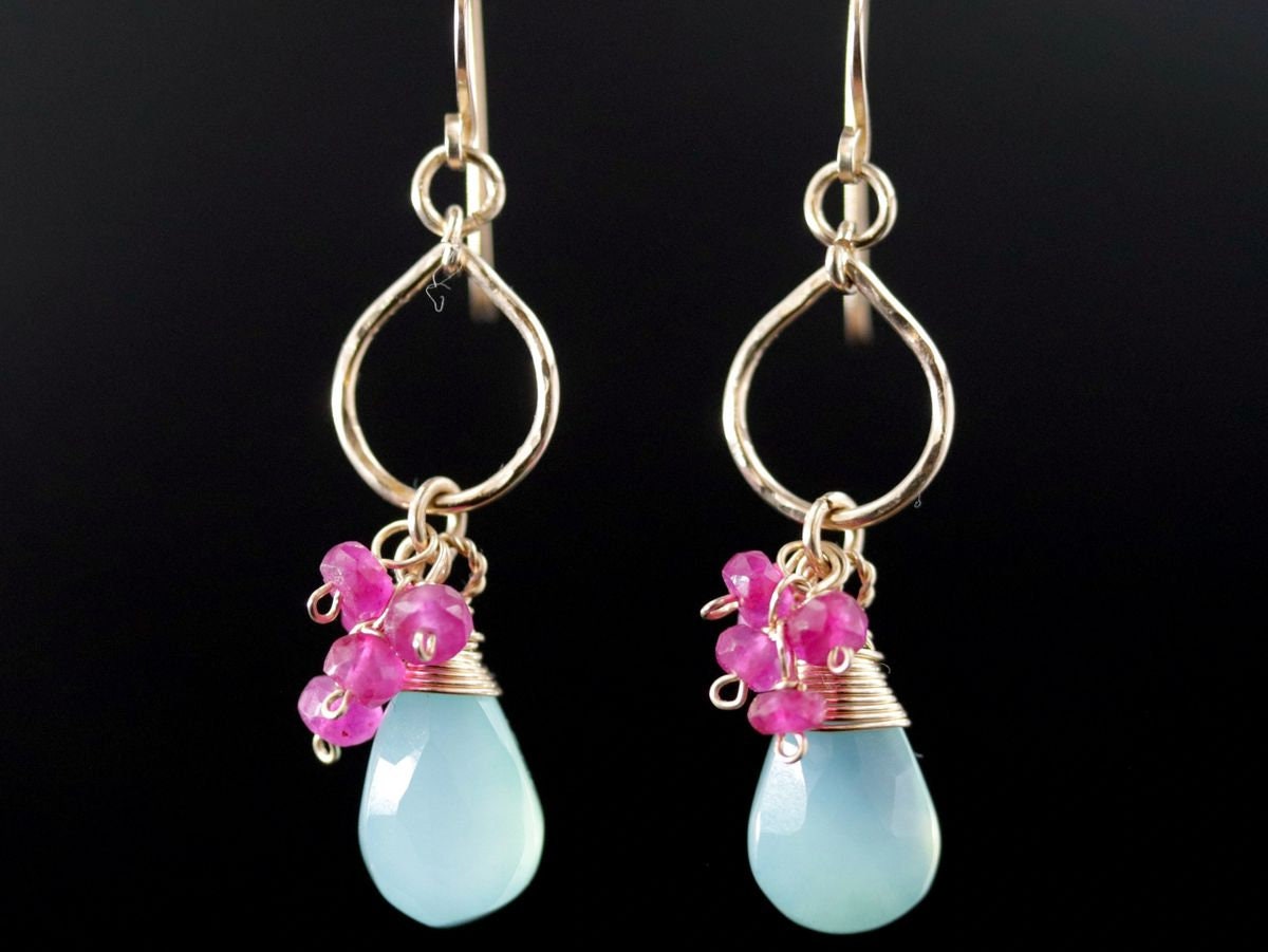 Aqua Chalcedony Ruby Floral Gemstone Earrings, 14K Gold Filled Boho Jewelry
