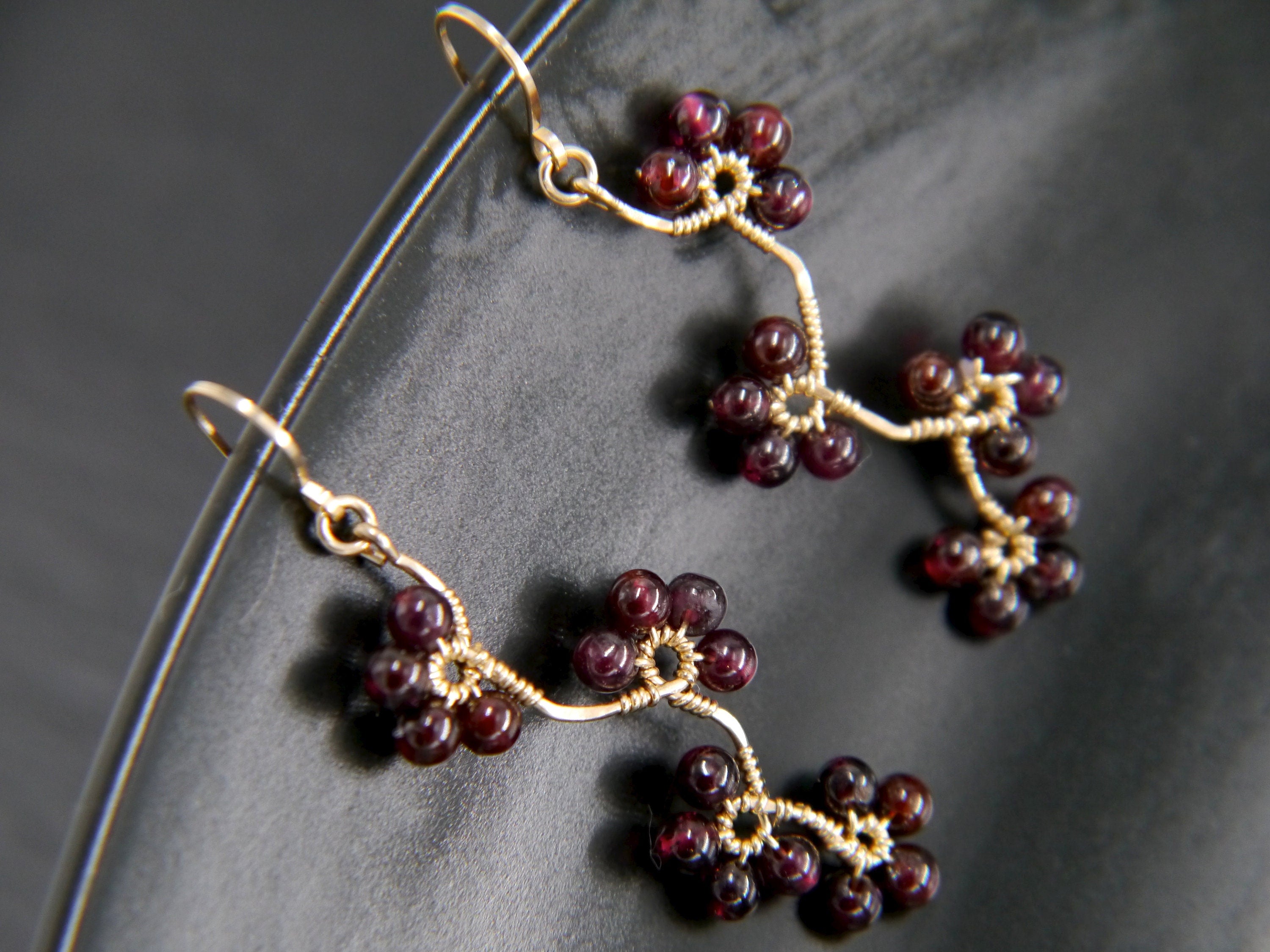Garnet Floral Dangle Gemstone Earrings, 14K Gold Filled Artisan Heirloom