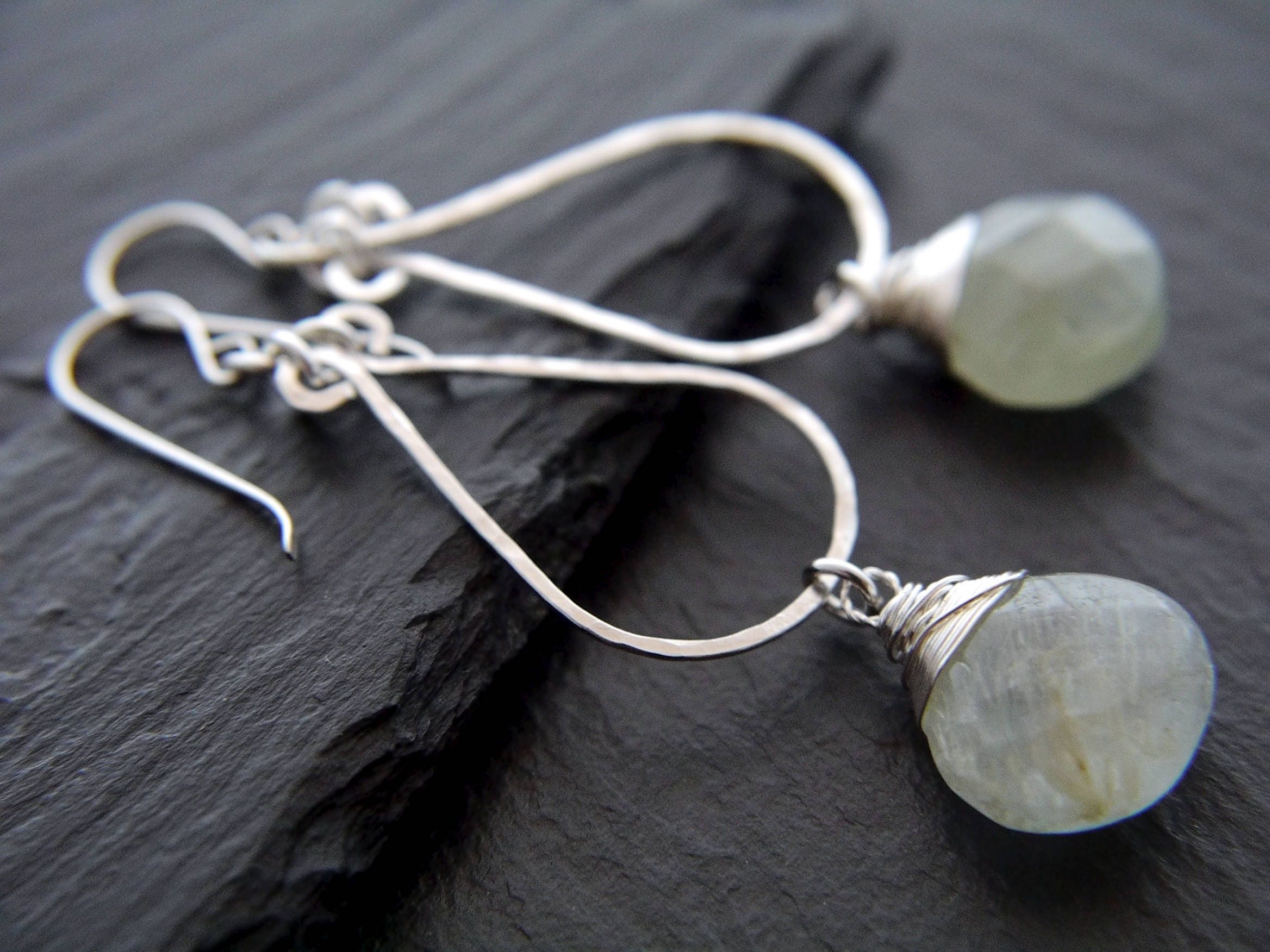 Aquamarine Teardrop Hoop Gemstone Earrings, Sterling Silver, Bridal