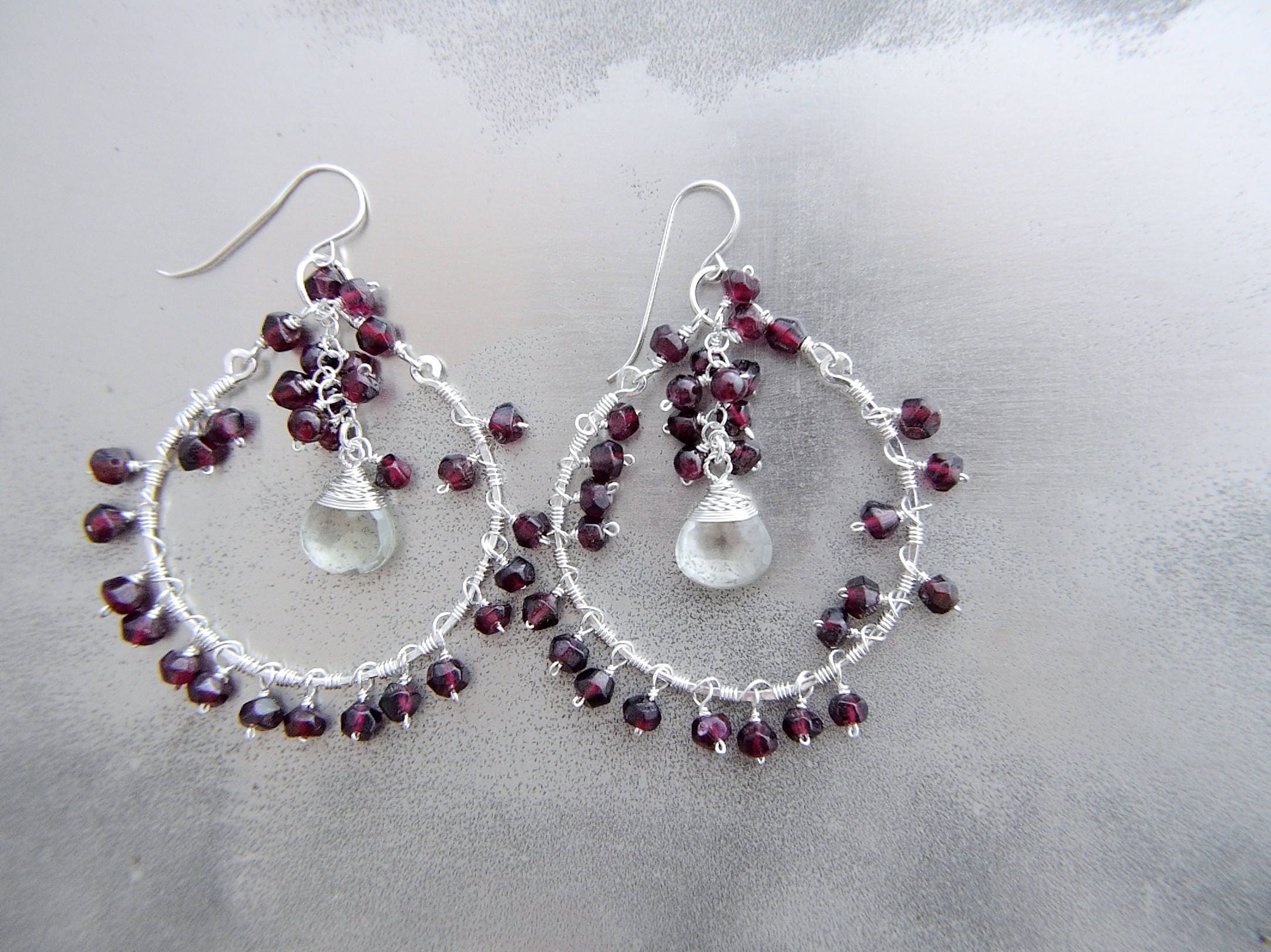 Garnet Chandelier Fringe Hoop Gemstone Earrings, Sterling Silver, Bohemian Style
