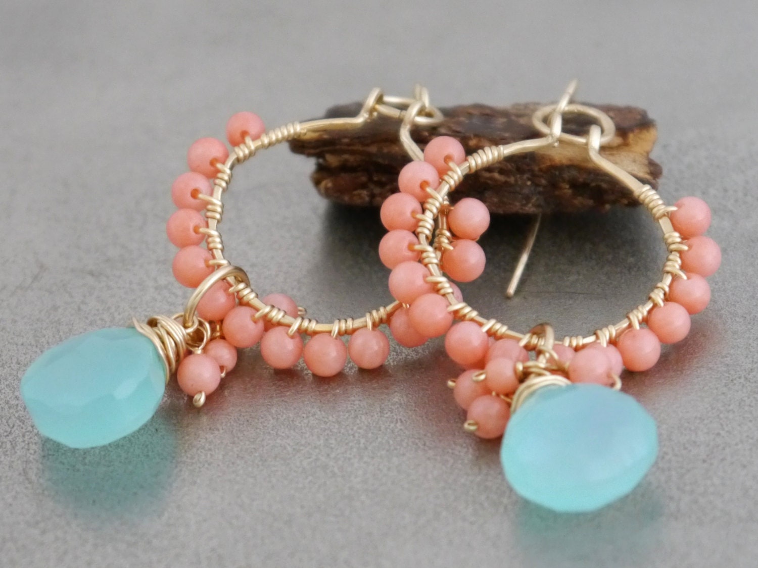 Coral Aqua Chalcedony Hoop Gemstone Earrings, 14K Gold Filled Botanicals