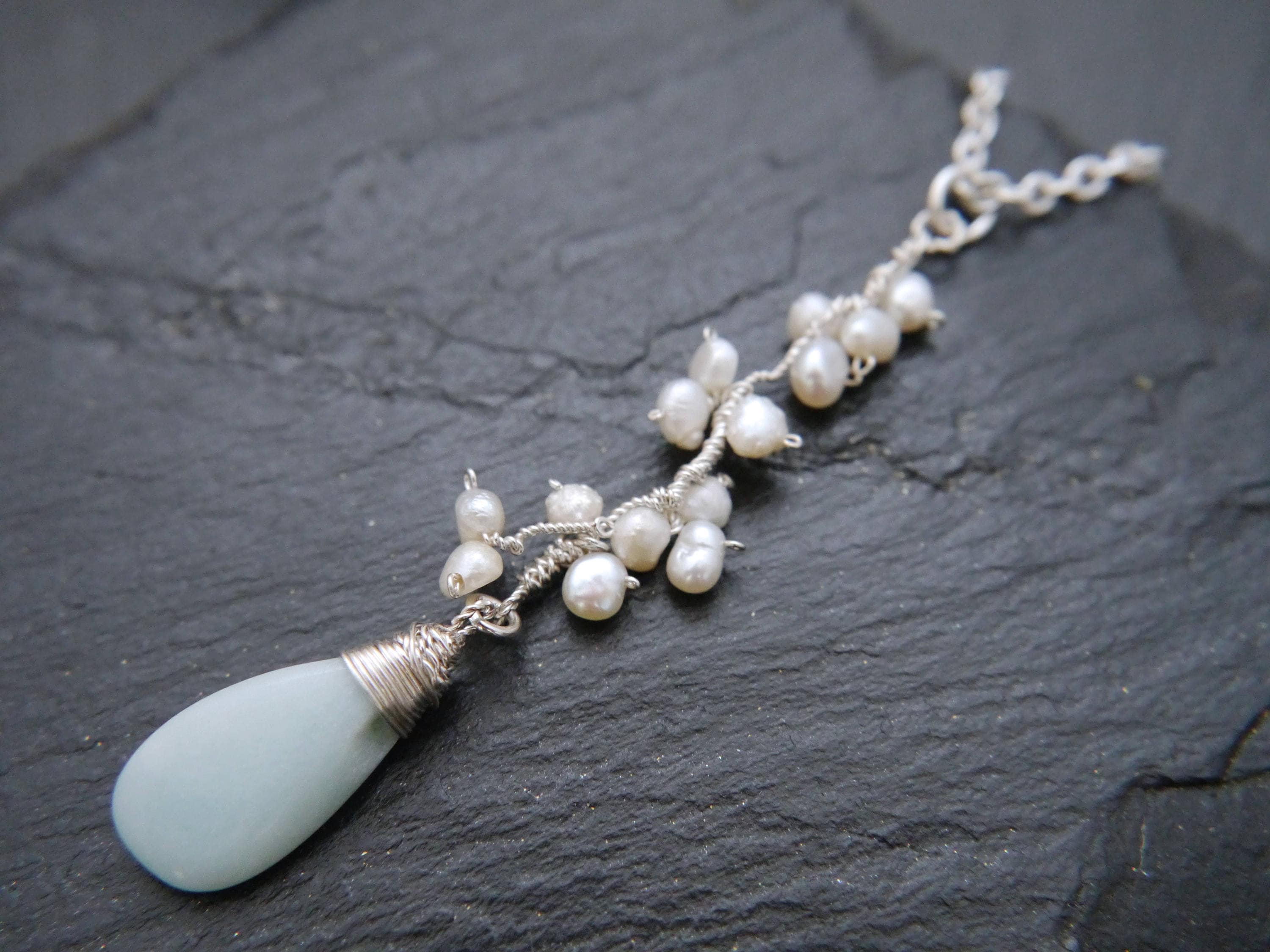 Amazonite White Pearl Floral Vine Pendant Gemstone Necklace, Sterling Silver, Wedding Jewelry
