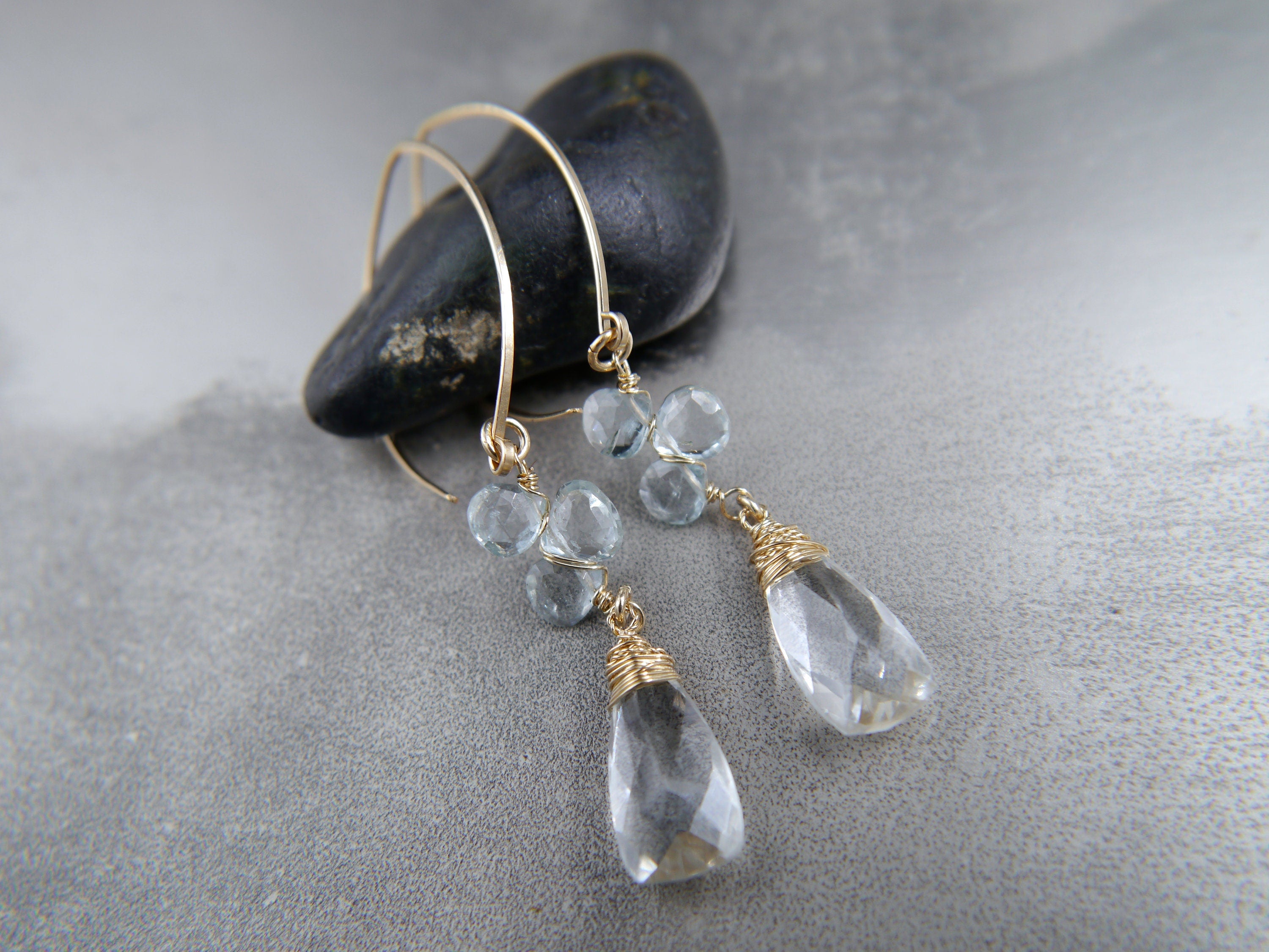 Trillion Aquamarine Quartz Gemstone Earrings, 14K Gold Filled Minimalist Jewelry