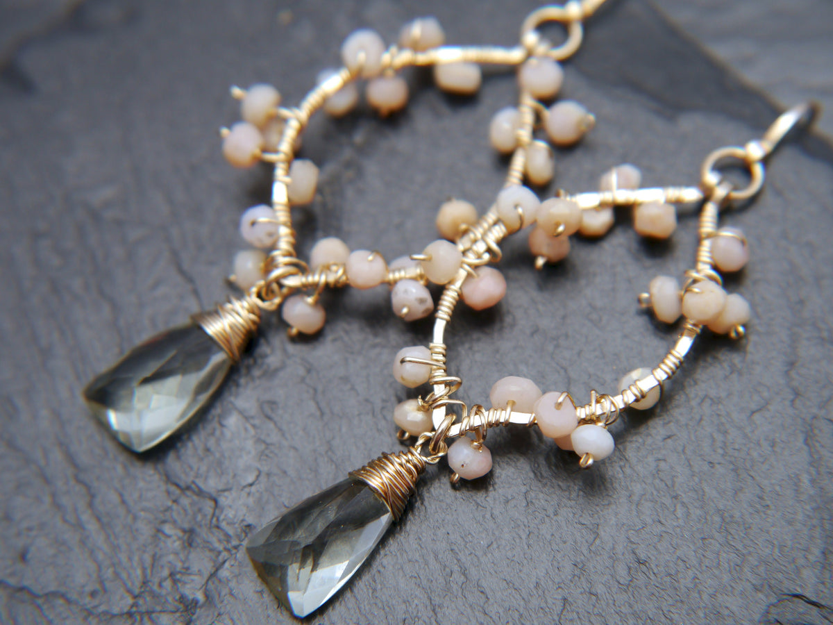 Bridal Chandelier Gold Earrings, 14K Gold Filled, Pink Opal, Aquamarine & Green Amethyst, Garden Wedding Earrings