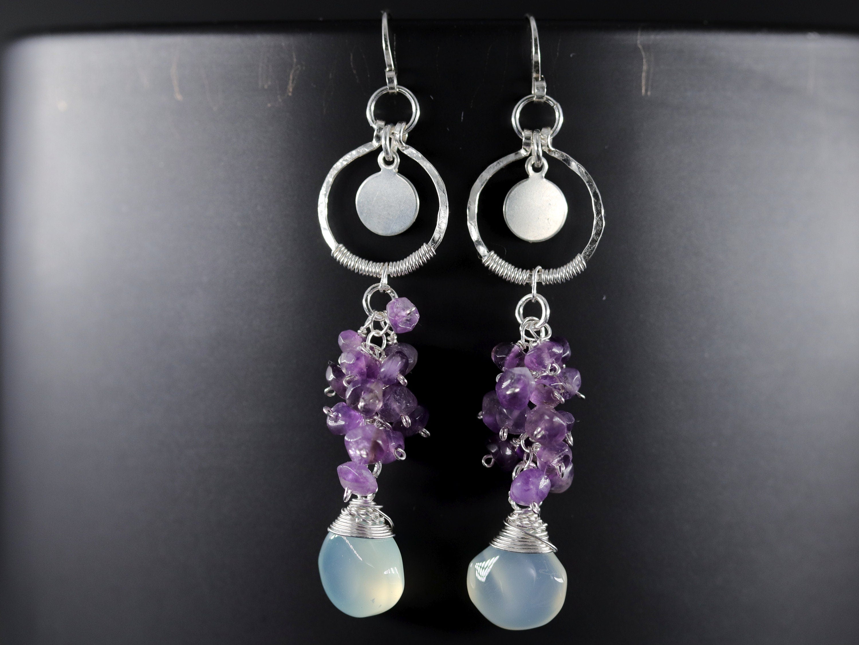 Aqua Chalcedony Amethyst Long Dangle Gemstone Earrings, Sterling Silver